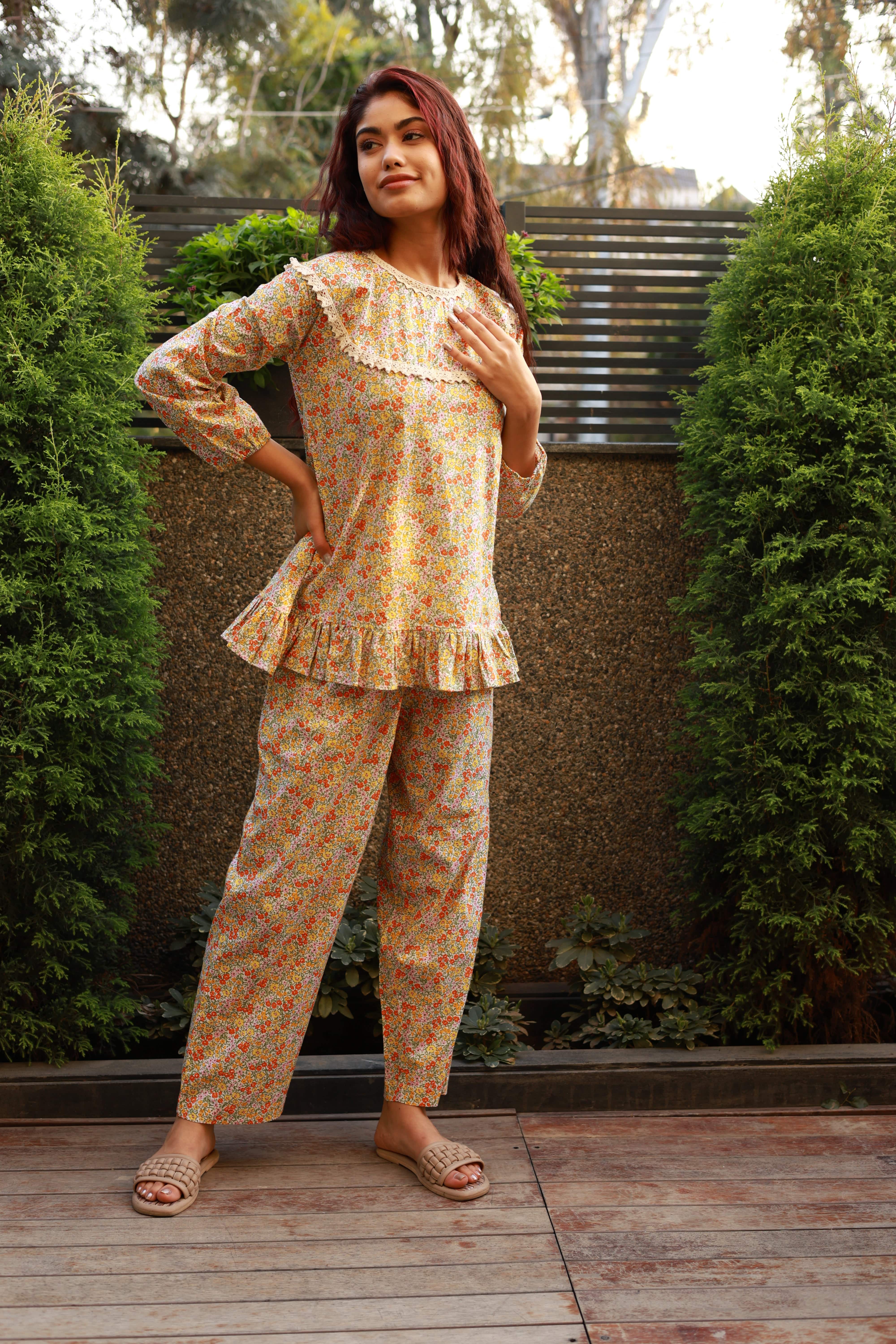 Fine Floral Print Frill Night Suit - Visramaa