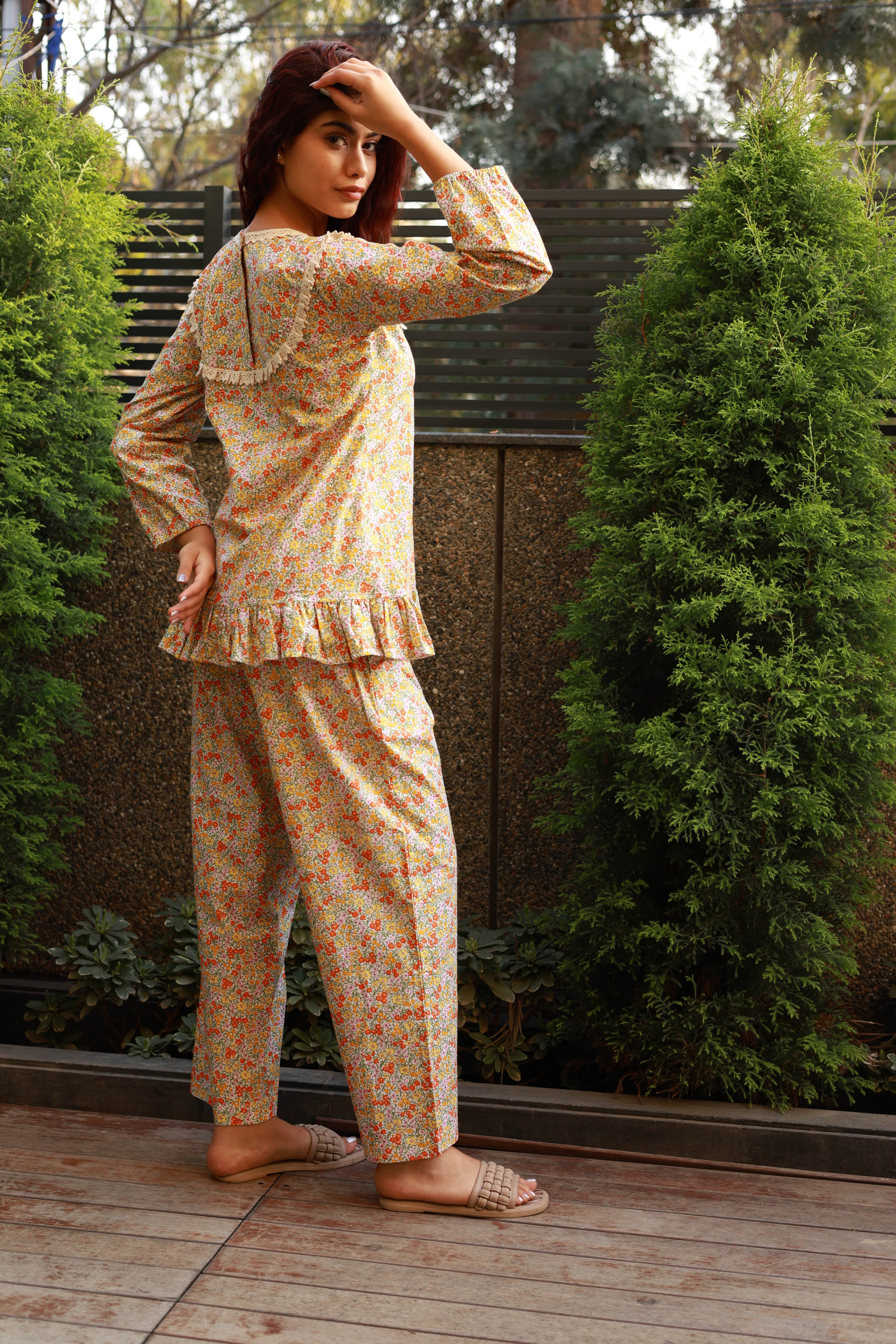 Fine Floral Print Frill Night Suit - Visramaa