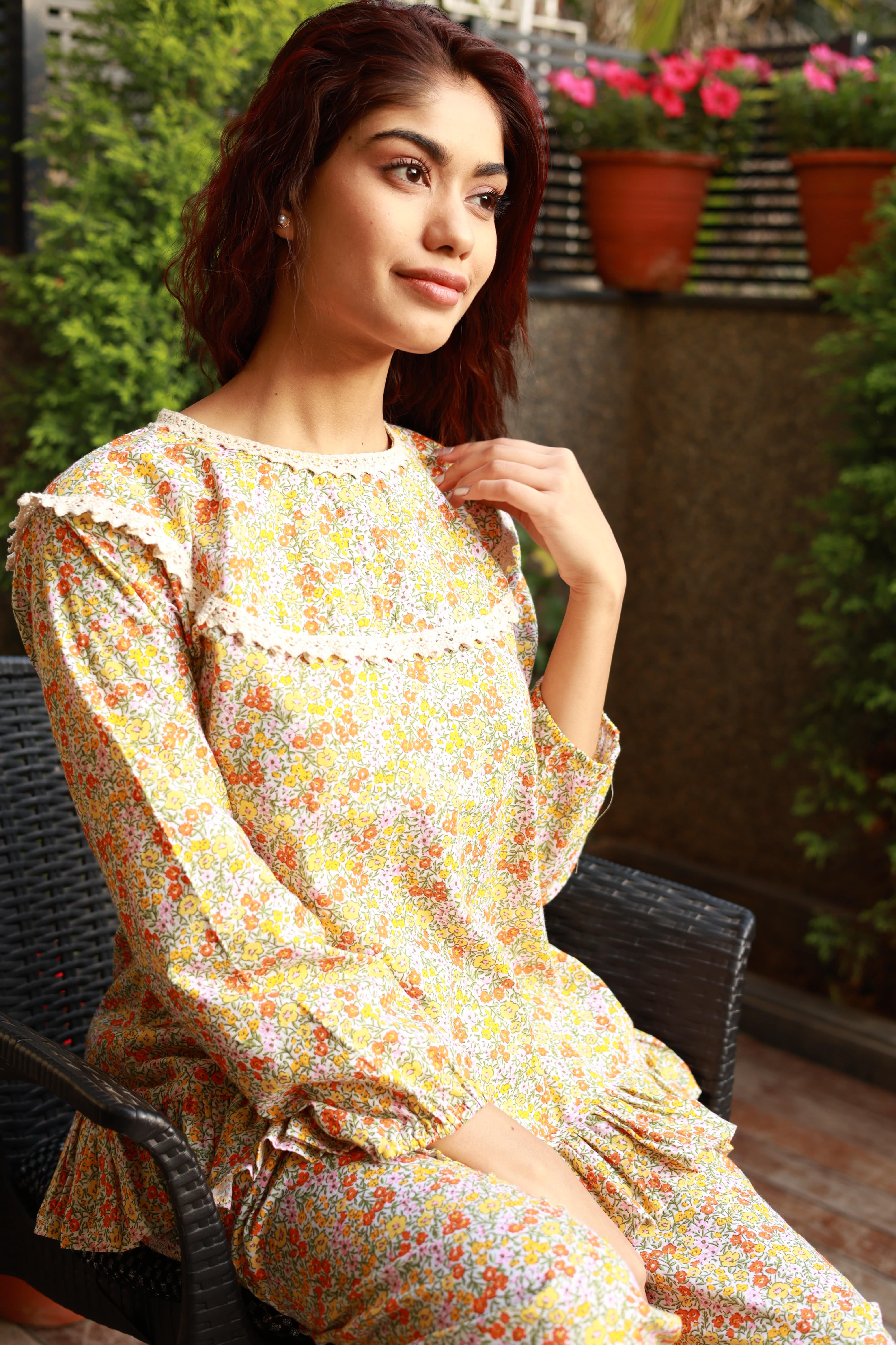 Fine Floral Print Frill Night Suit - Visramaa