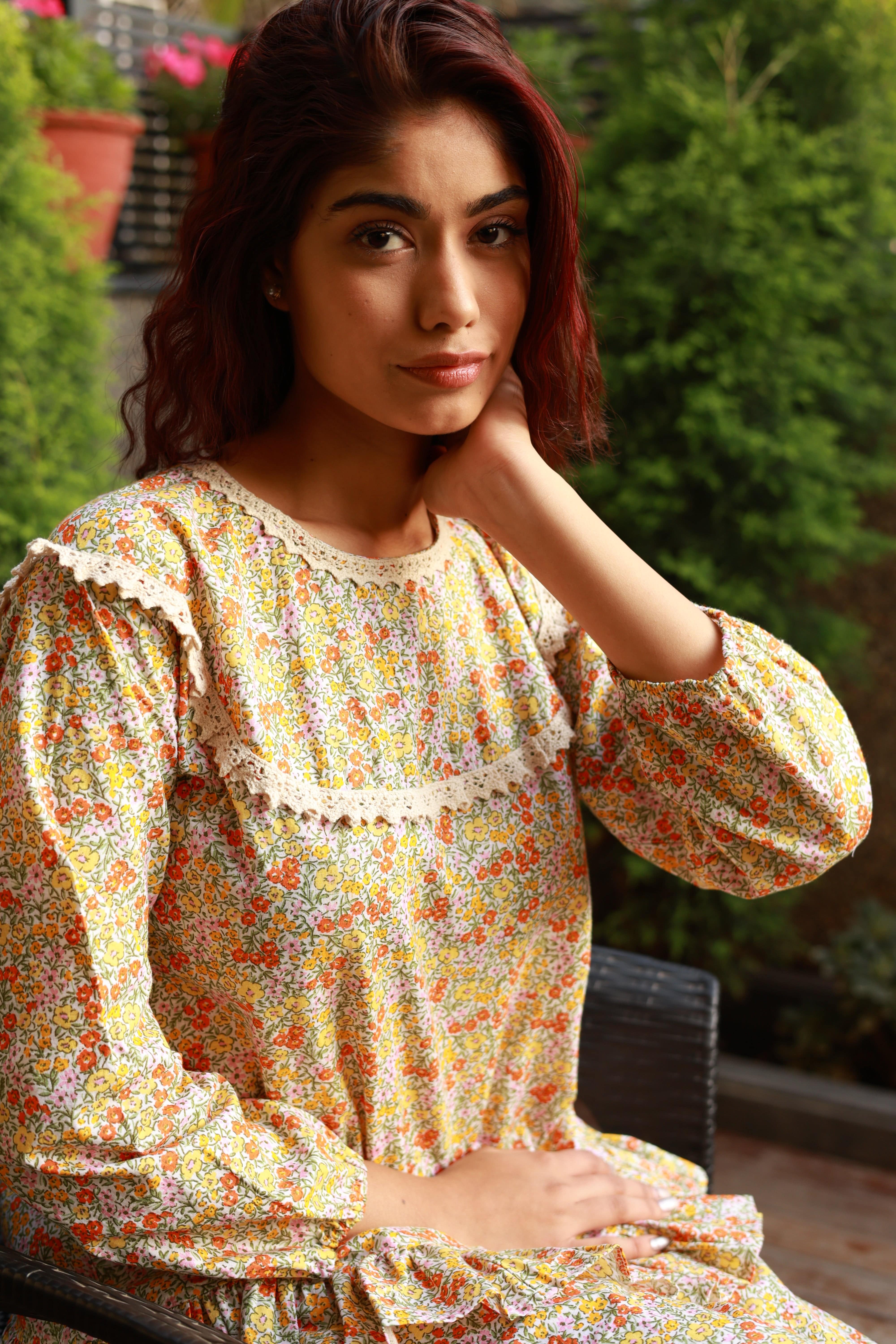 Fine Floral Print Frill Night Suit - Visramaa
