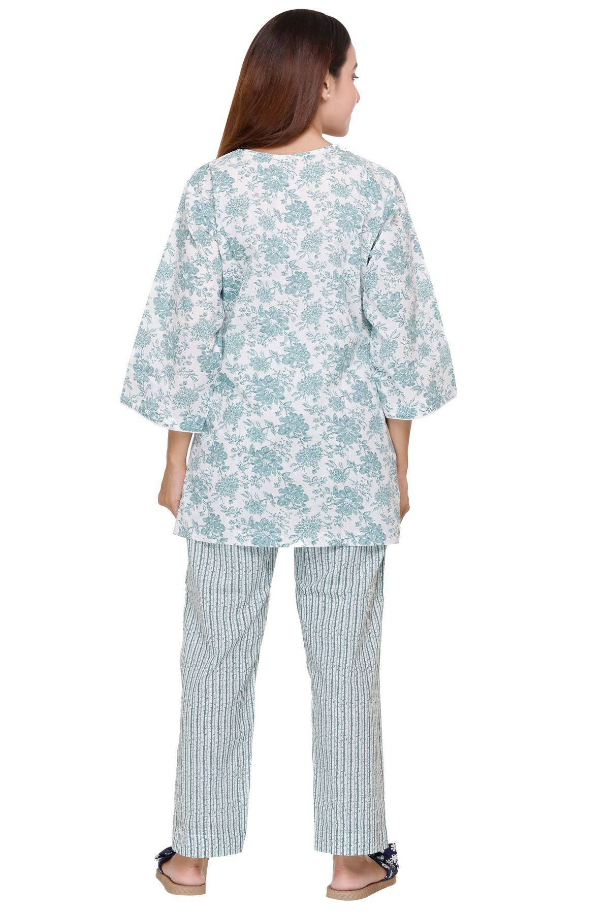 Sea Green Floral Printed Night Suit - Visramaa