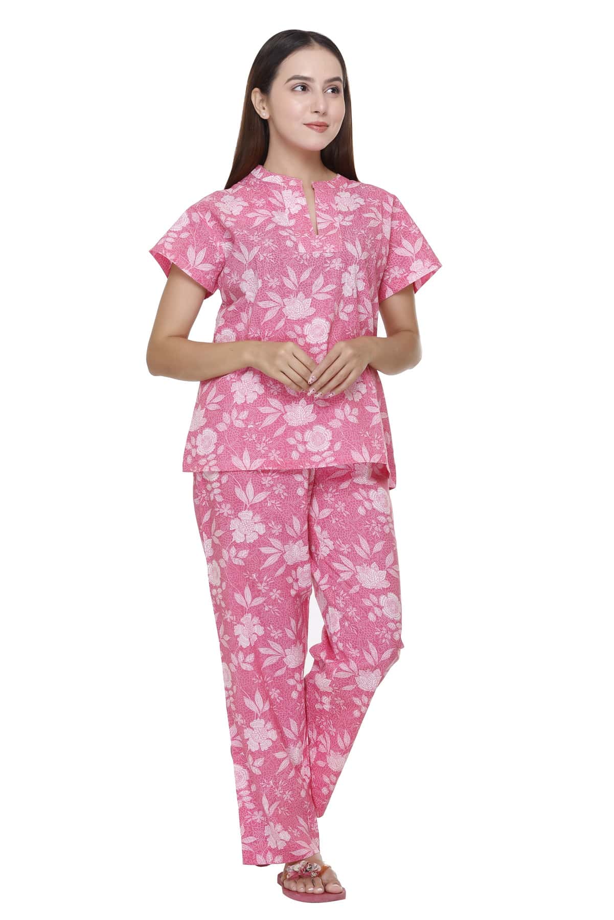 Hot Pink Floral Night Suit - Visramaa