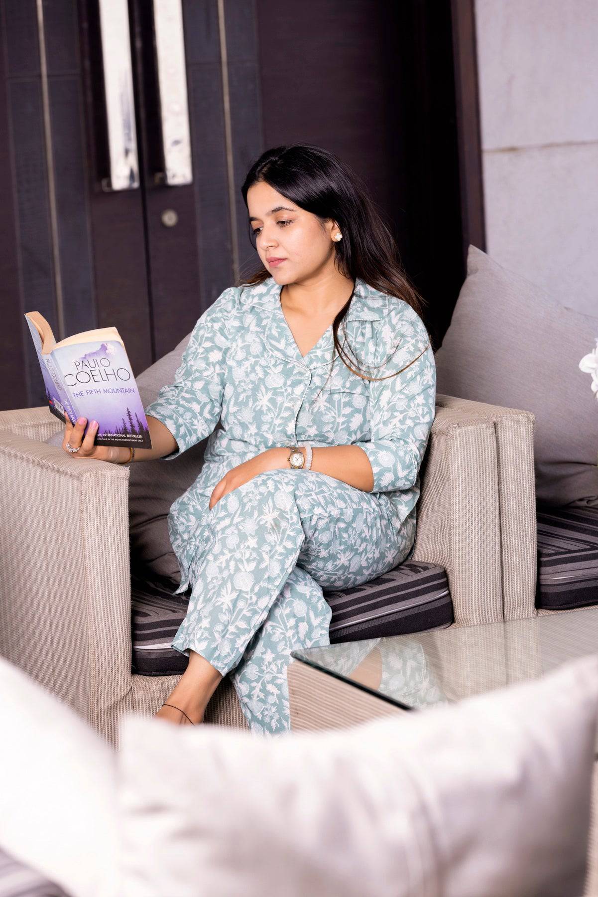 Light Green Floral Print Nightsuit - Visramaa
