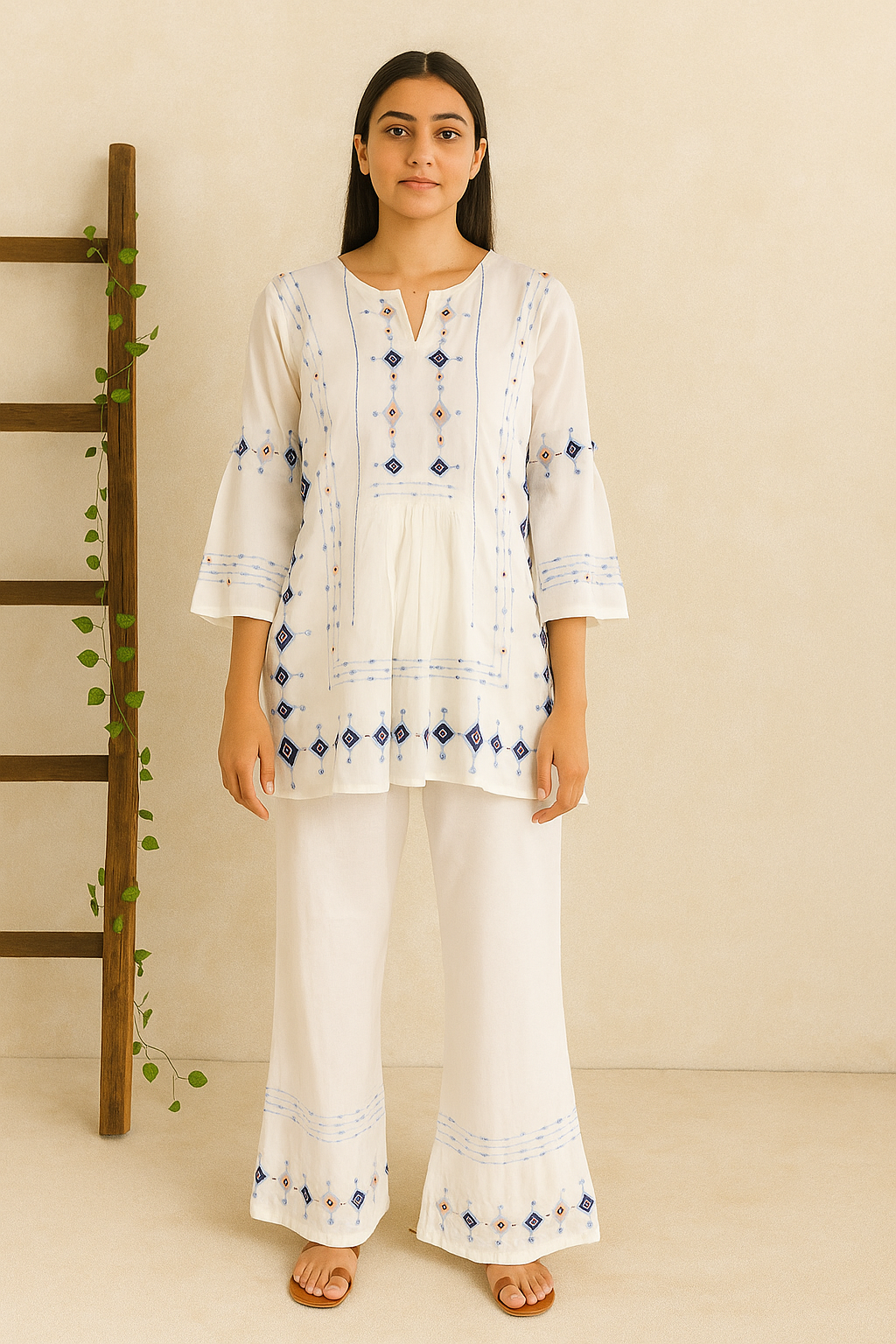 White Cotton Embroidered Co-ord Set