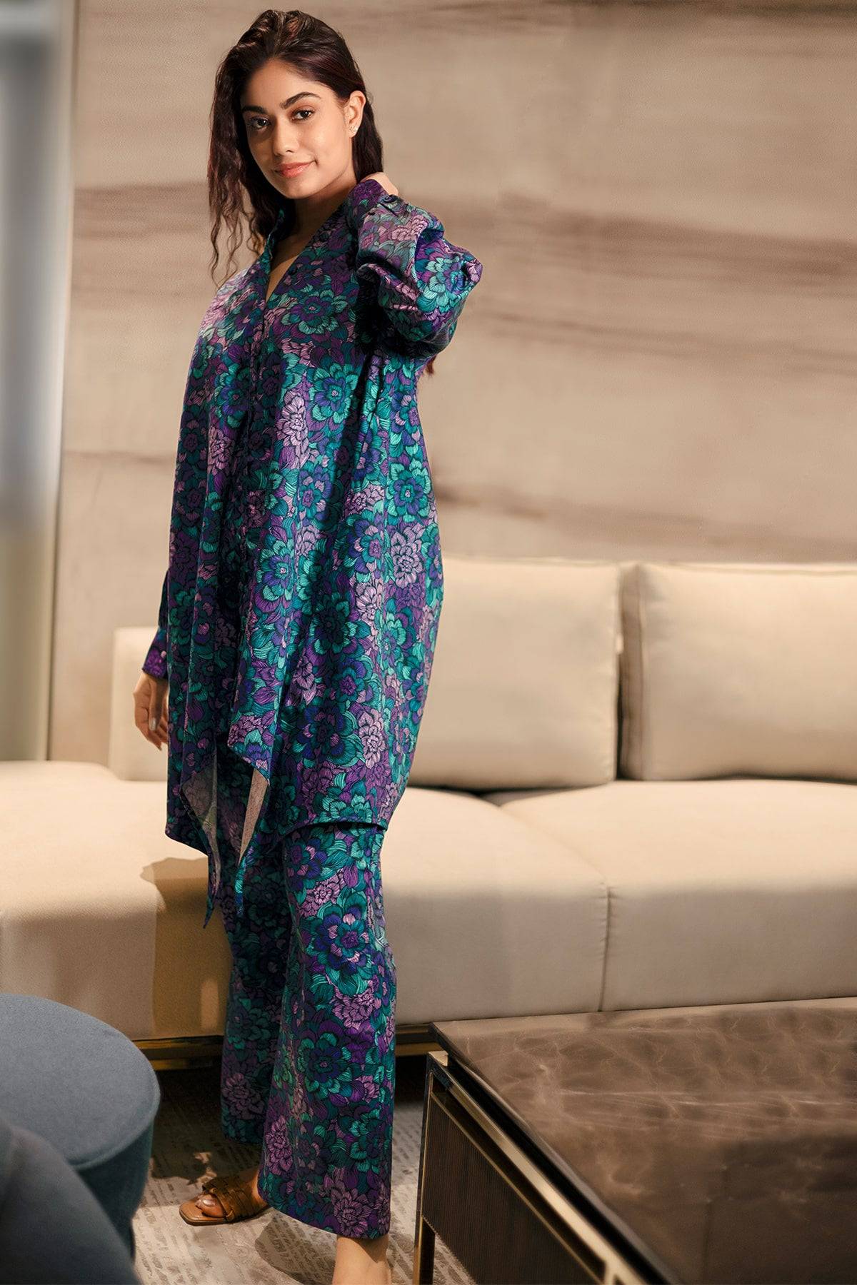 Blue Floral Print asymmetrical cut Coord Set - Visramaa