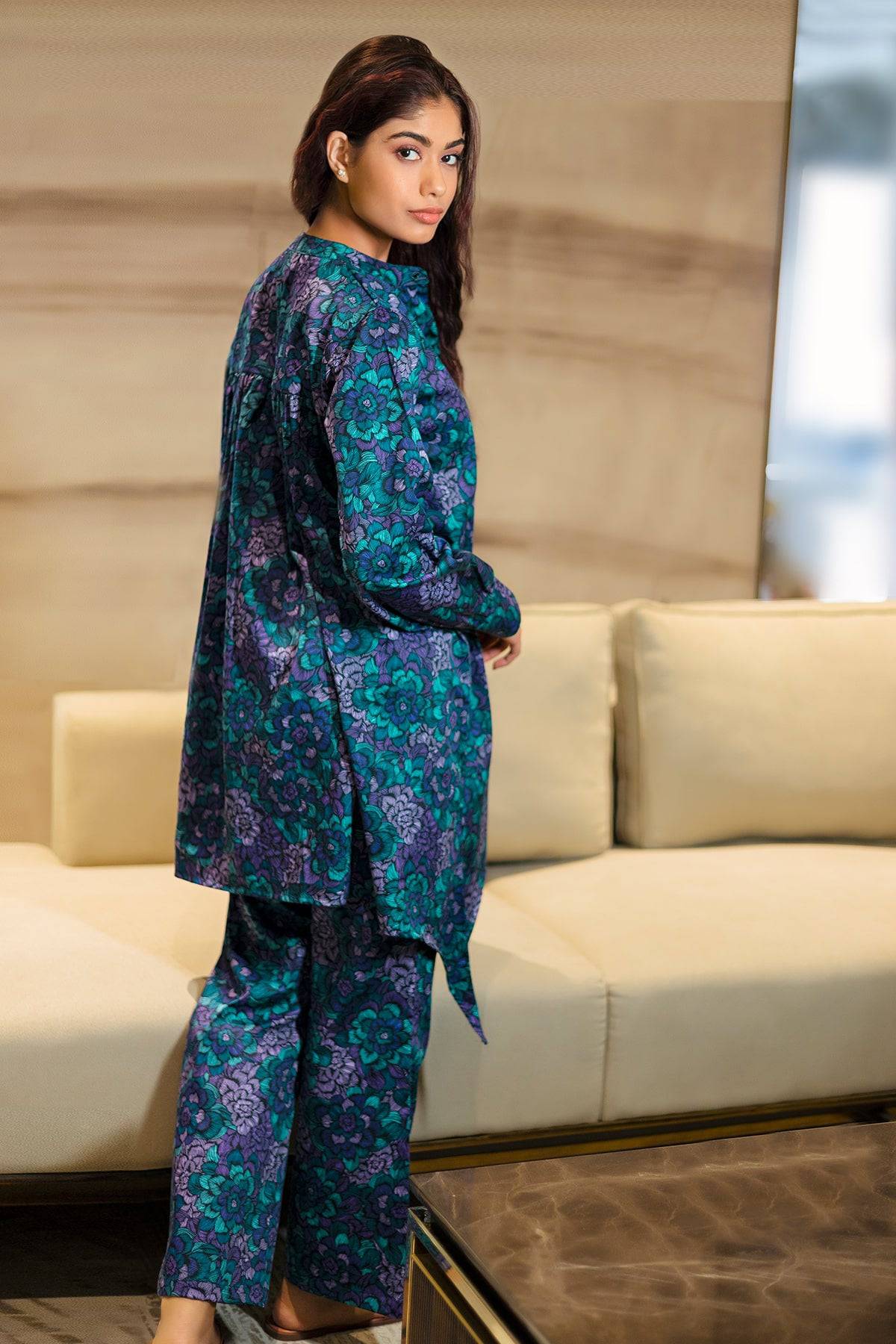 Blue Floral Print asymmetrical cut Coord Set - Visramaa