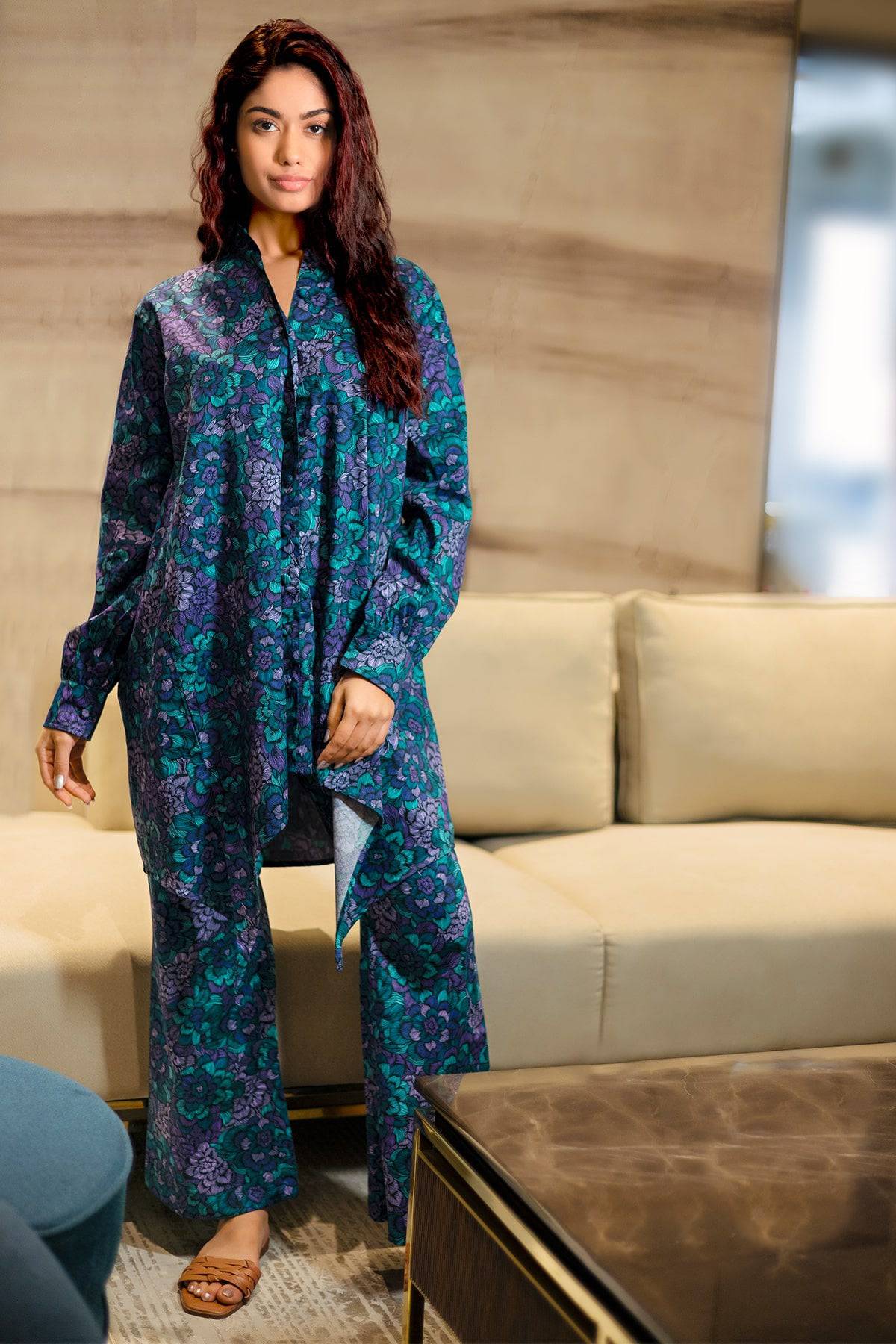 Blue Floral Print asymmetrical cut Coord Set - Visramaa
