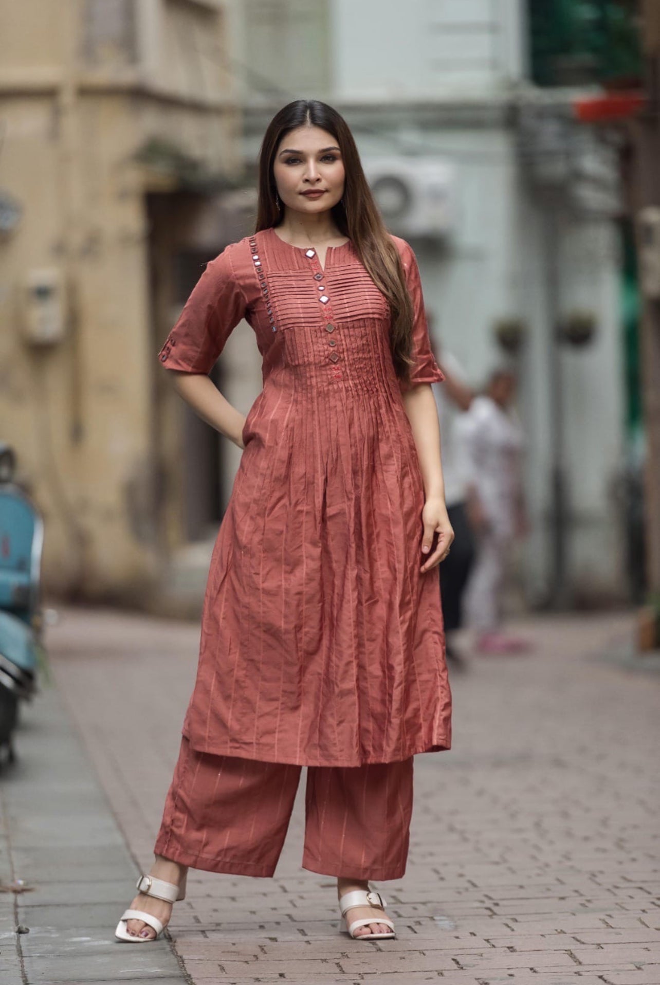 Rust Pleated Cotton Kurta Set