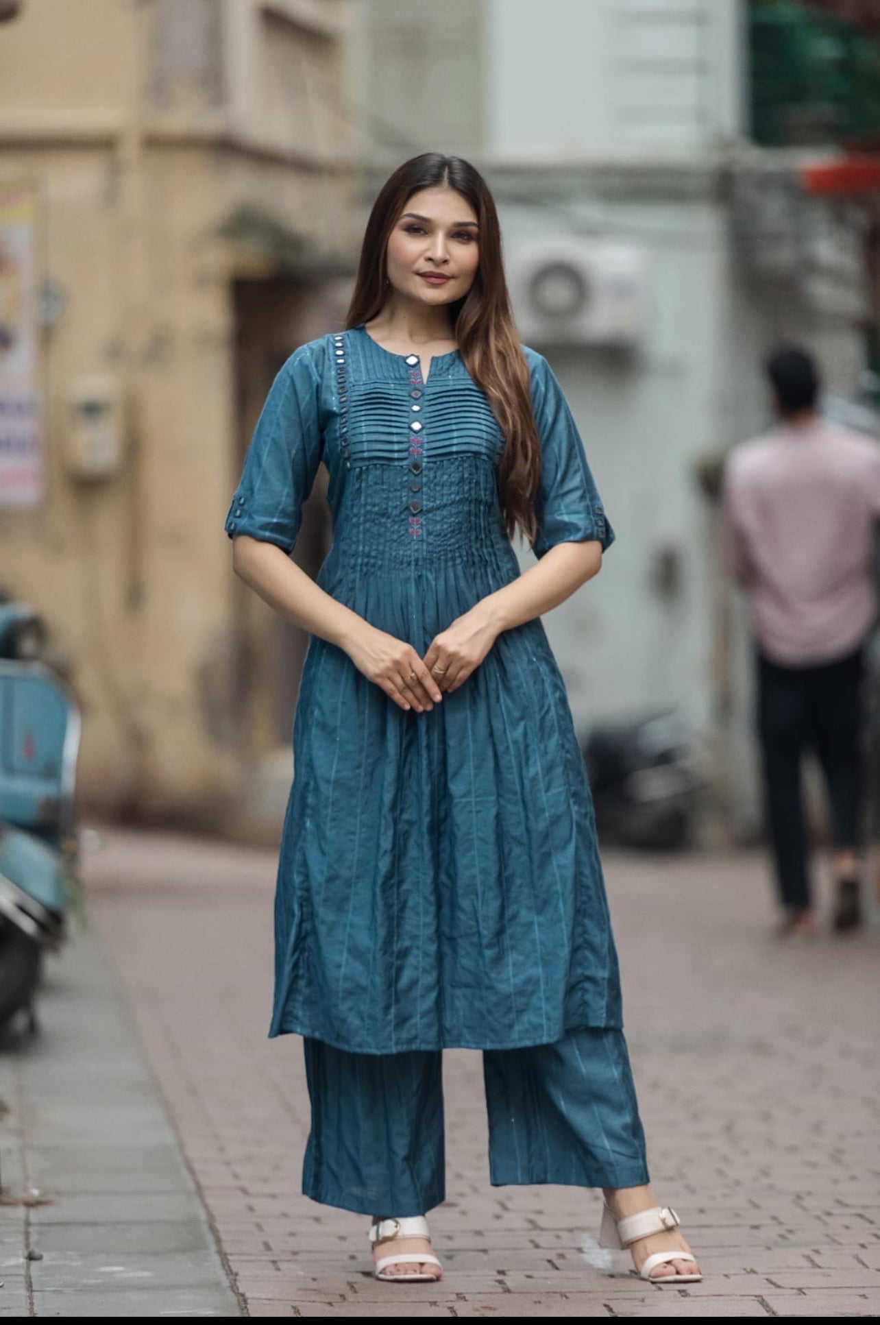 Teal Pintuck Cotton Kurta Set