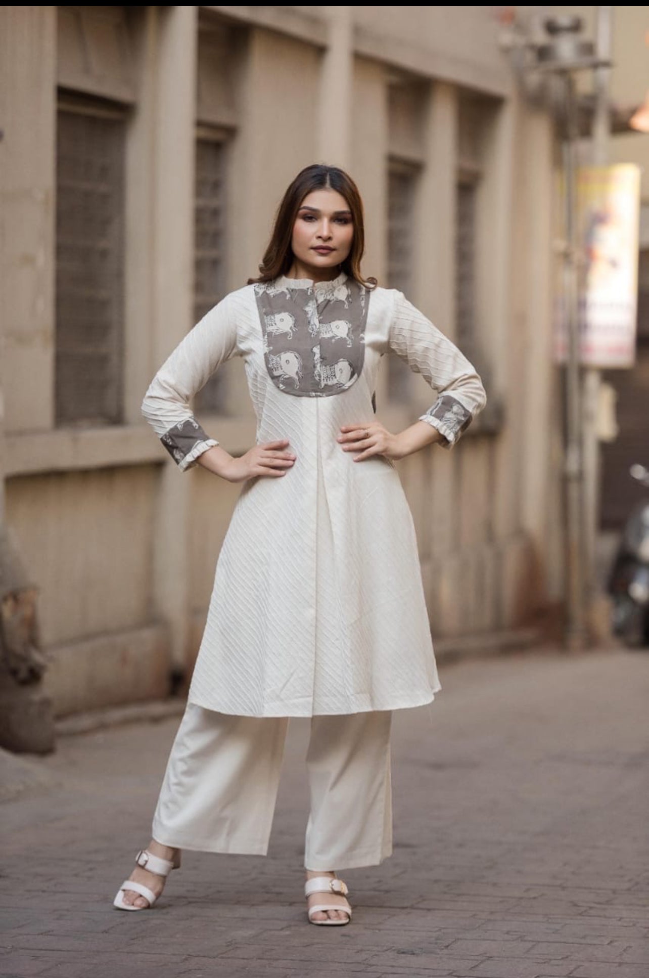 Ivory & Grey Printed Yoke Asymmetric Kurta Set