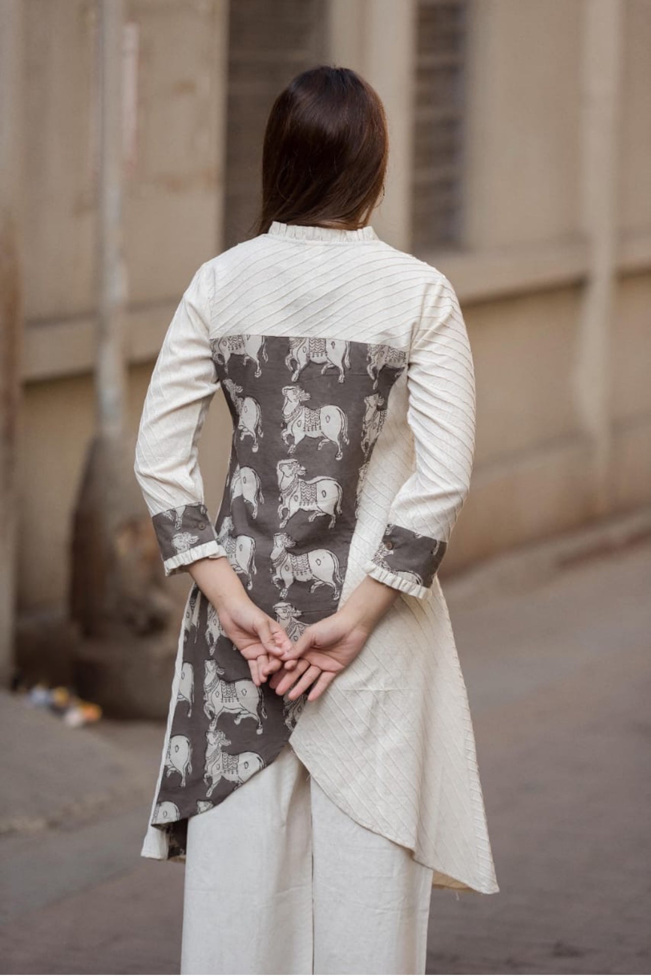 Ivory & Grey Printed Yoke Asymmetric Kurta Set