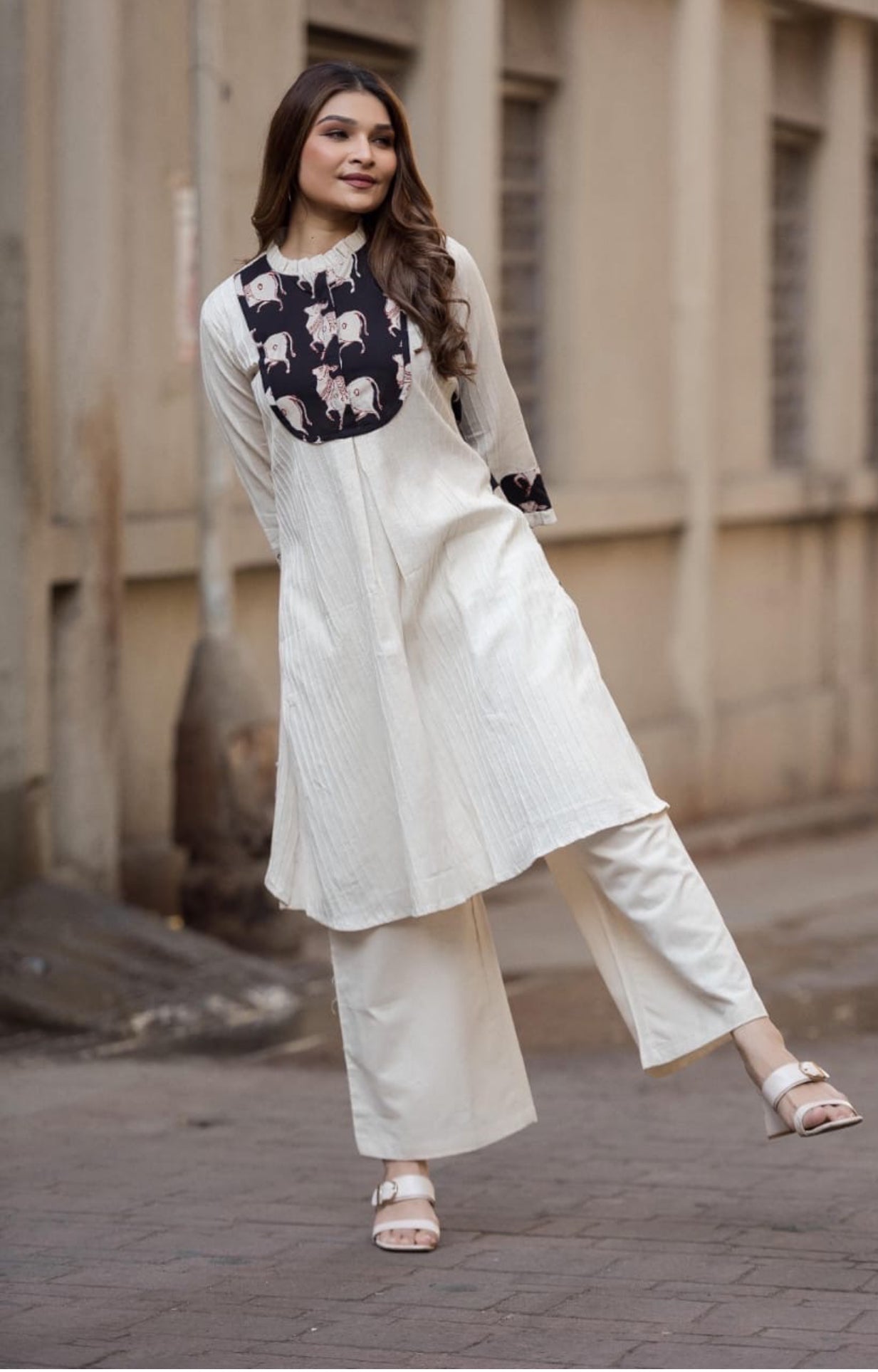 Ivory & Black Printed Yoke Cotton Kurta Set