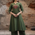 Olive Green Embroidered A-Line Kurta Set