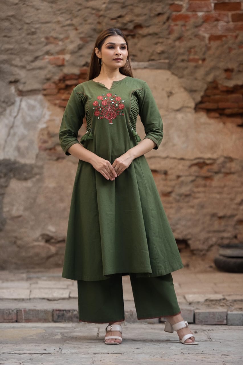 Olive Green Embroidered A-Line Kurta Set