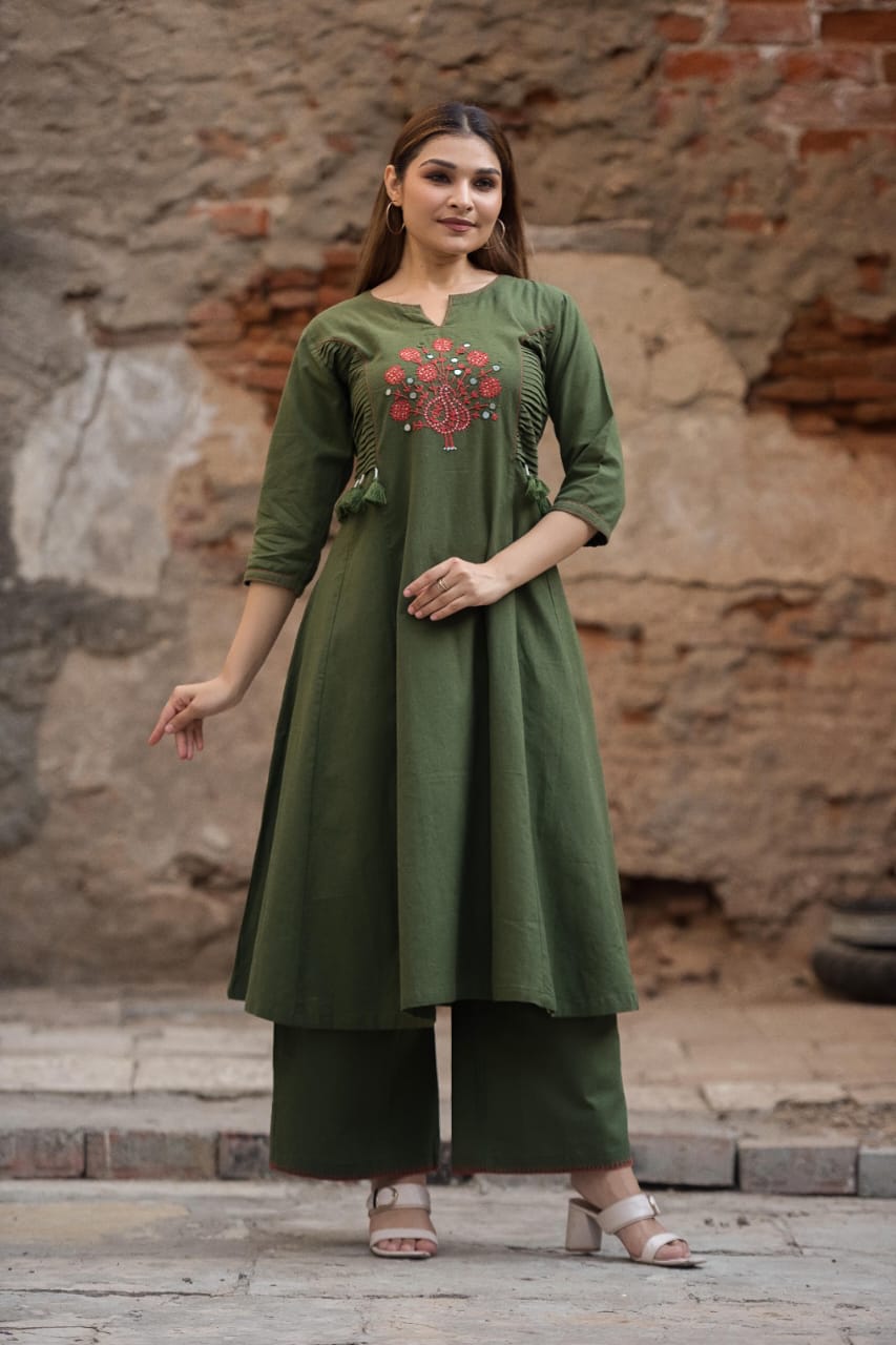 Olive Green Embroidered A-Line Kurta Set