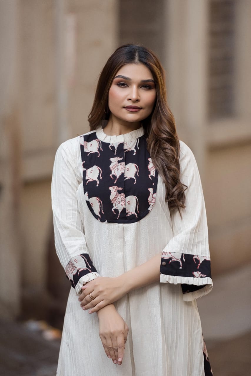 Ivory & Black Printed Yoke Cotton Kurta Set