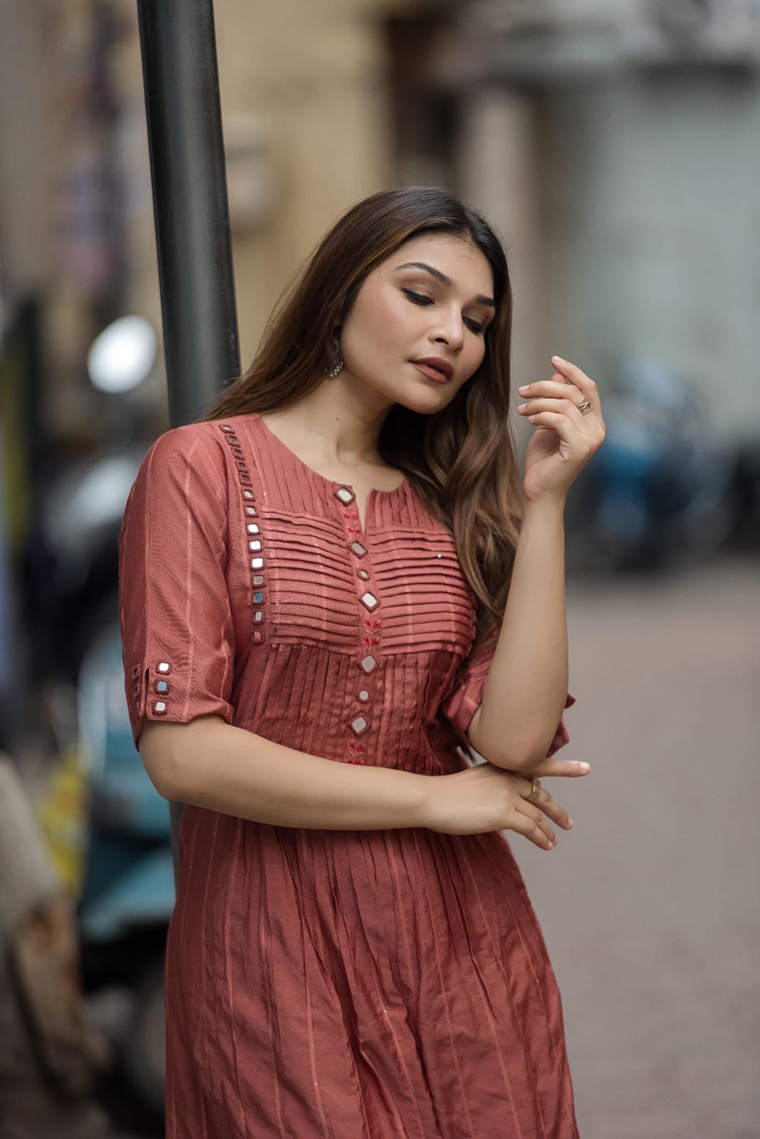 Rust Pleated Cotton Kurta Set