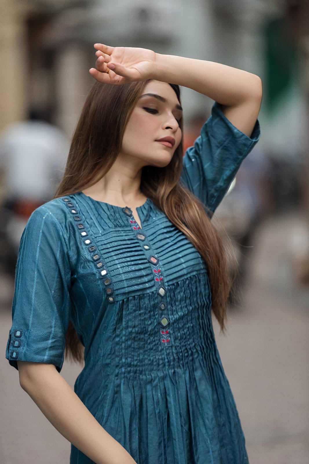 Teal Pintuck Cotton Kurta Set