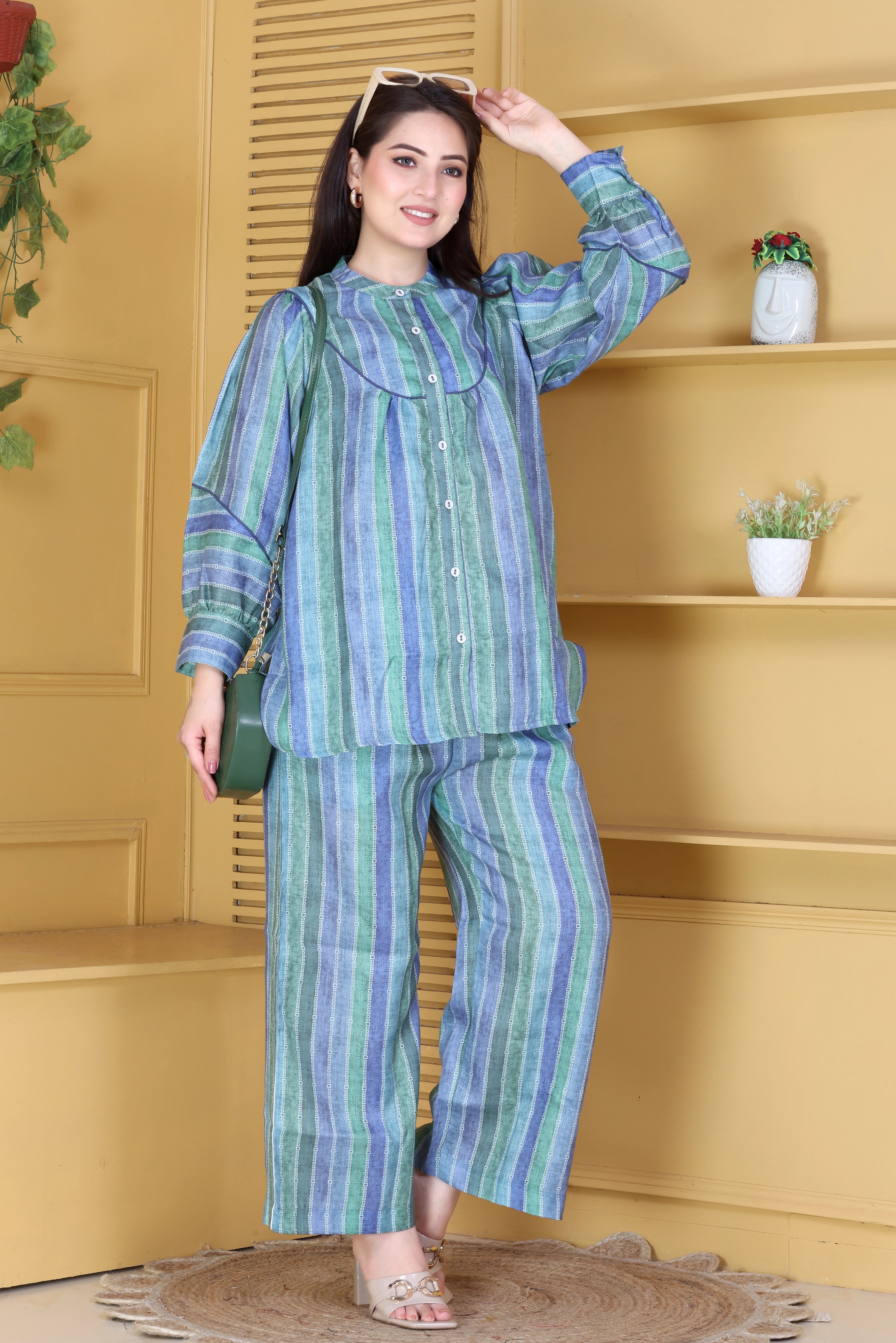 Aqua & Lavender Striped Linen Co-ord Set
