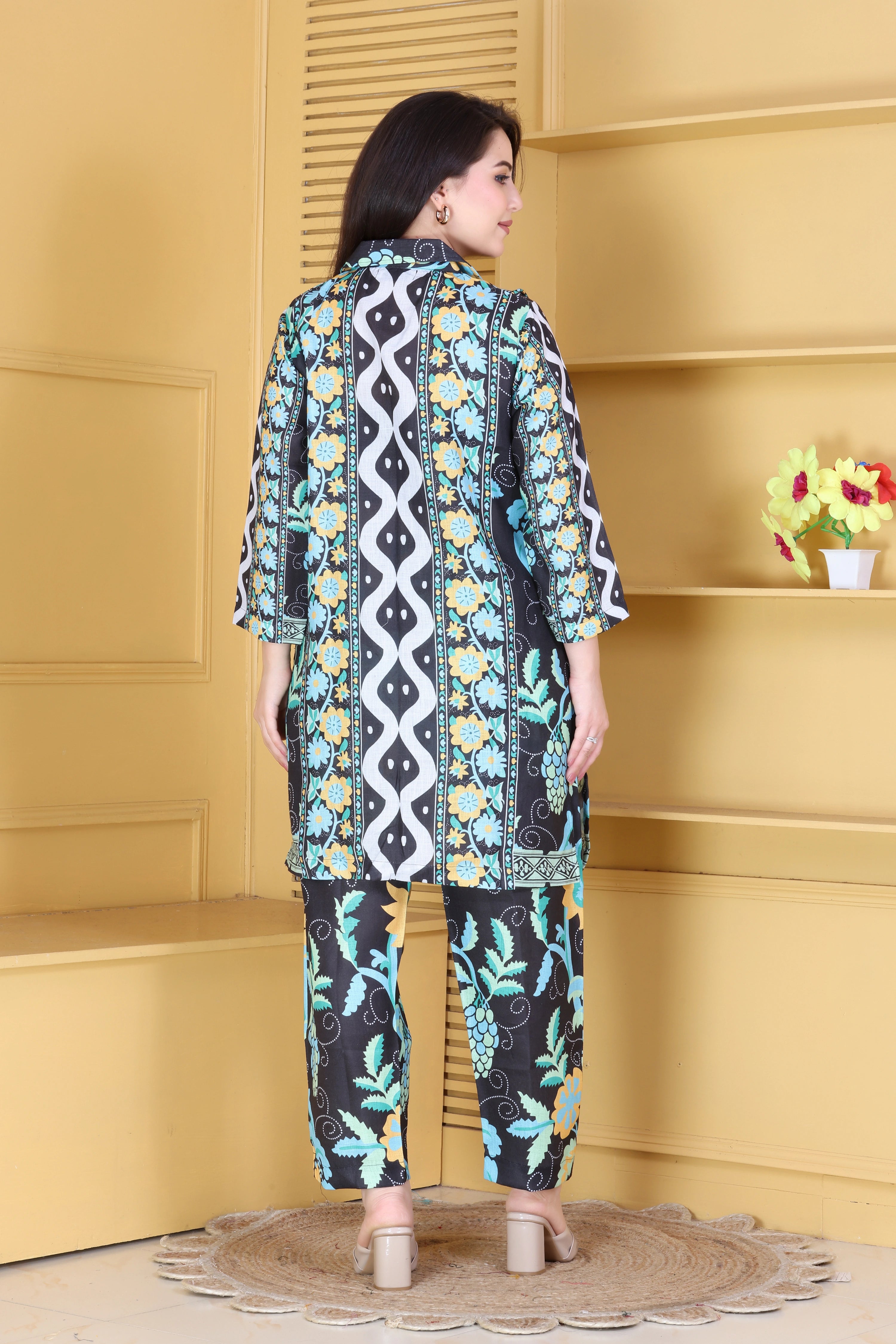 Black & Aqua Printed Linen Co-ord Set