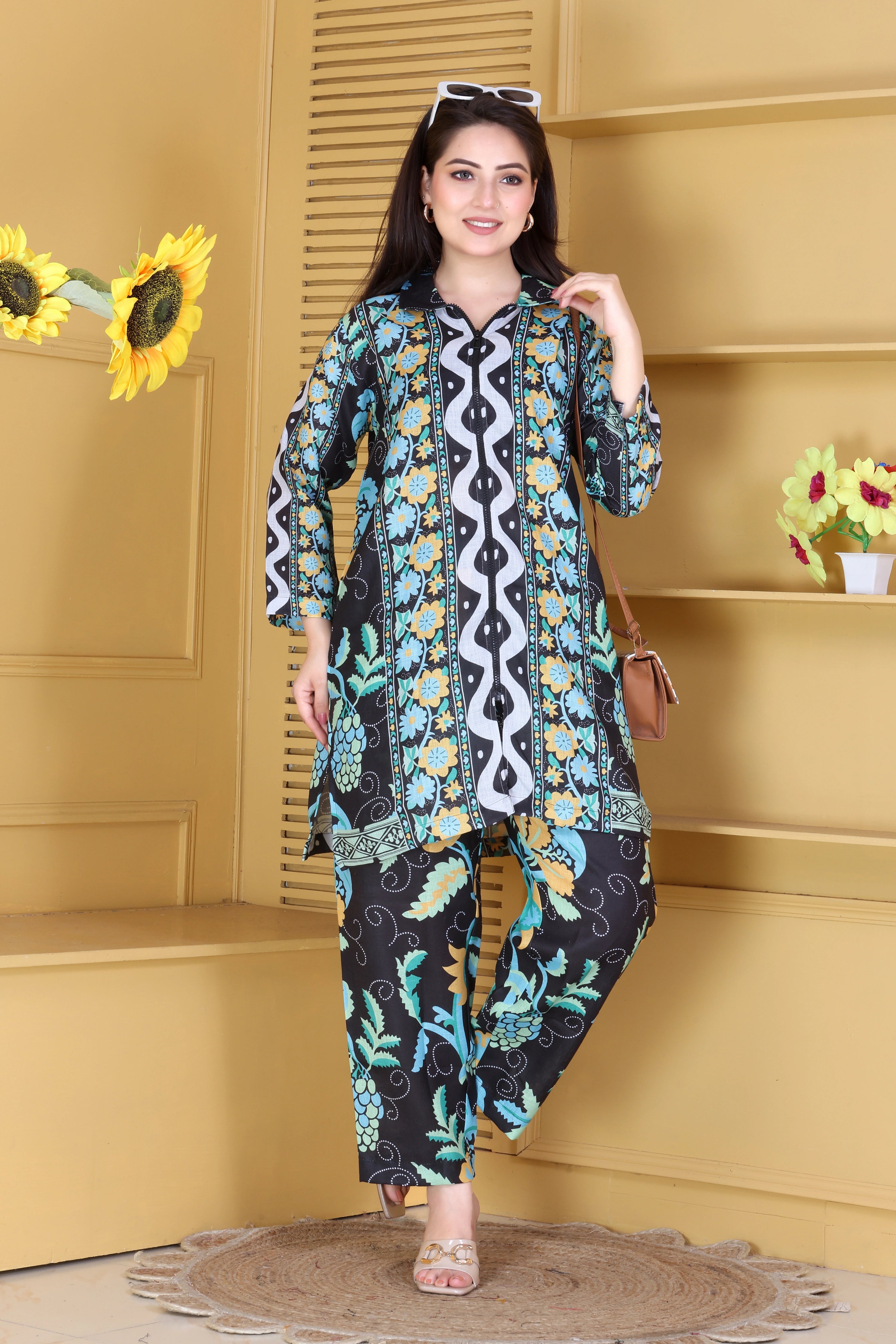 Black & Aqua Printed Linen Co-ord Set