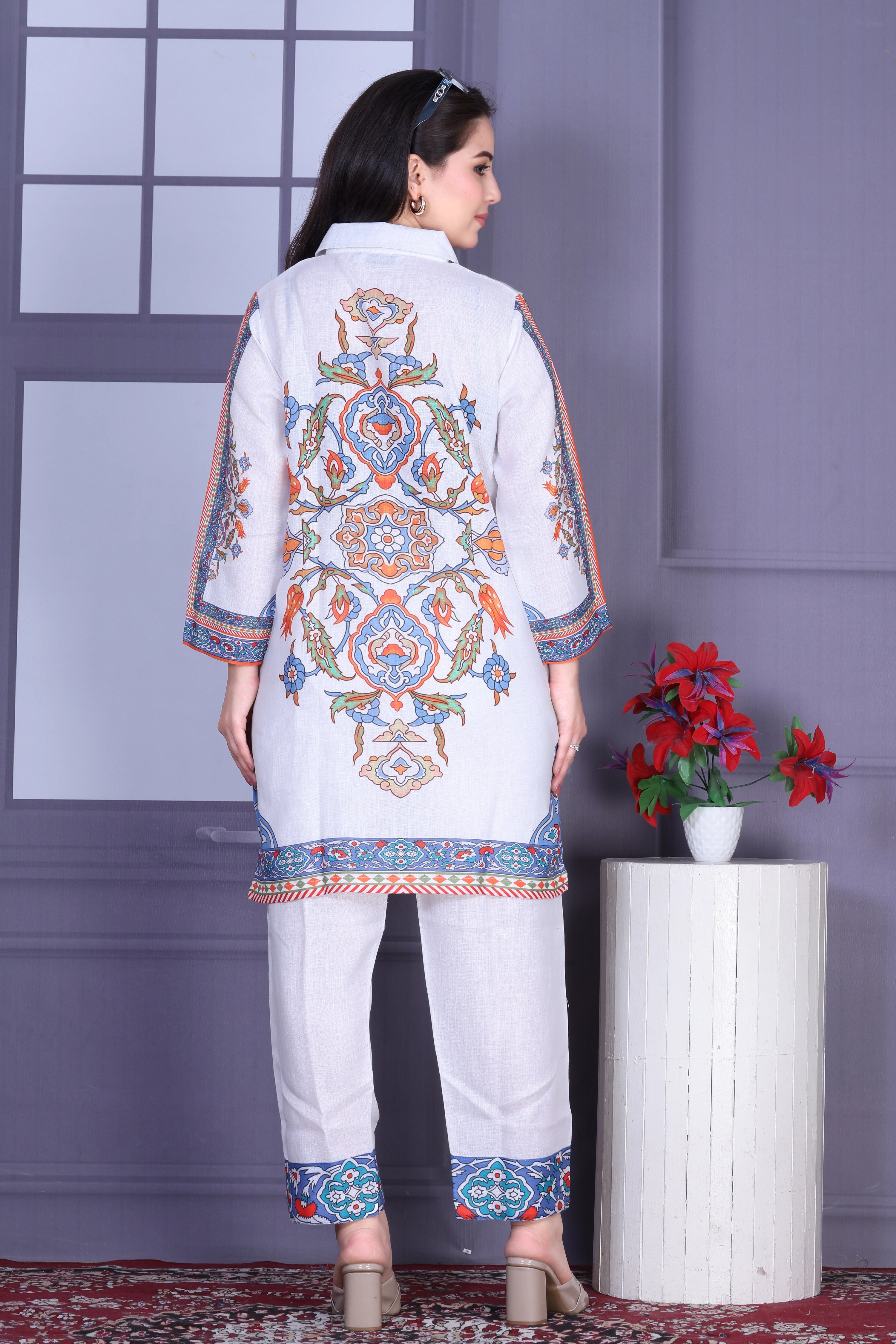 White Multicolor Printed Linen Co-ord Set