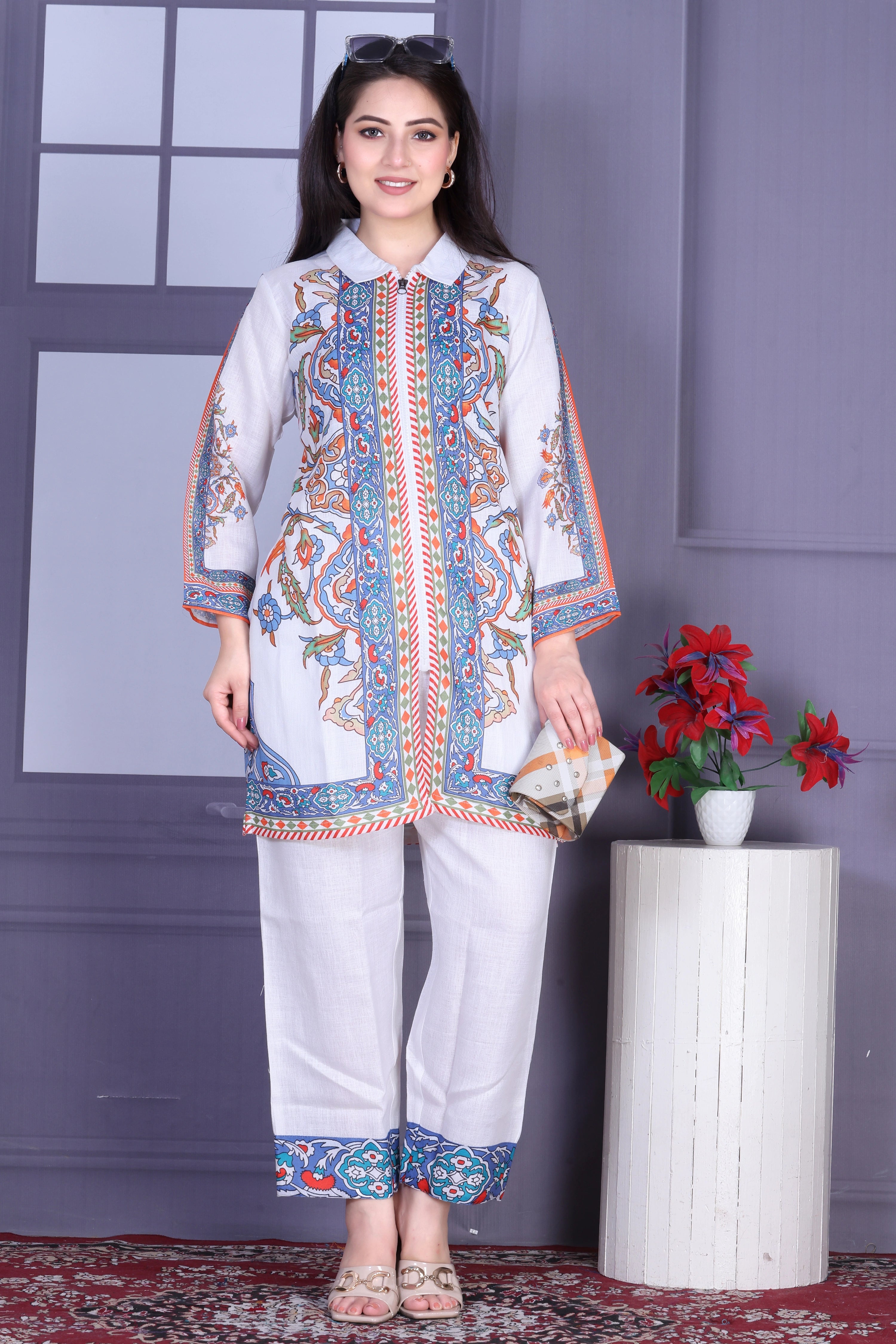 White Multicolor Printed Linen Co-ord Set