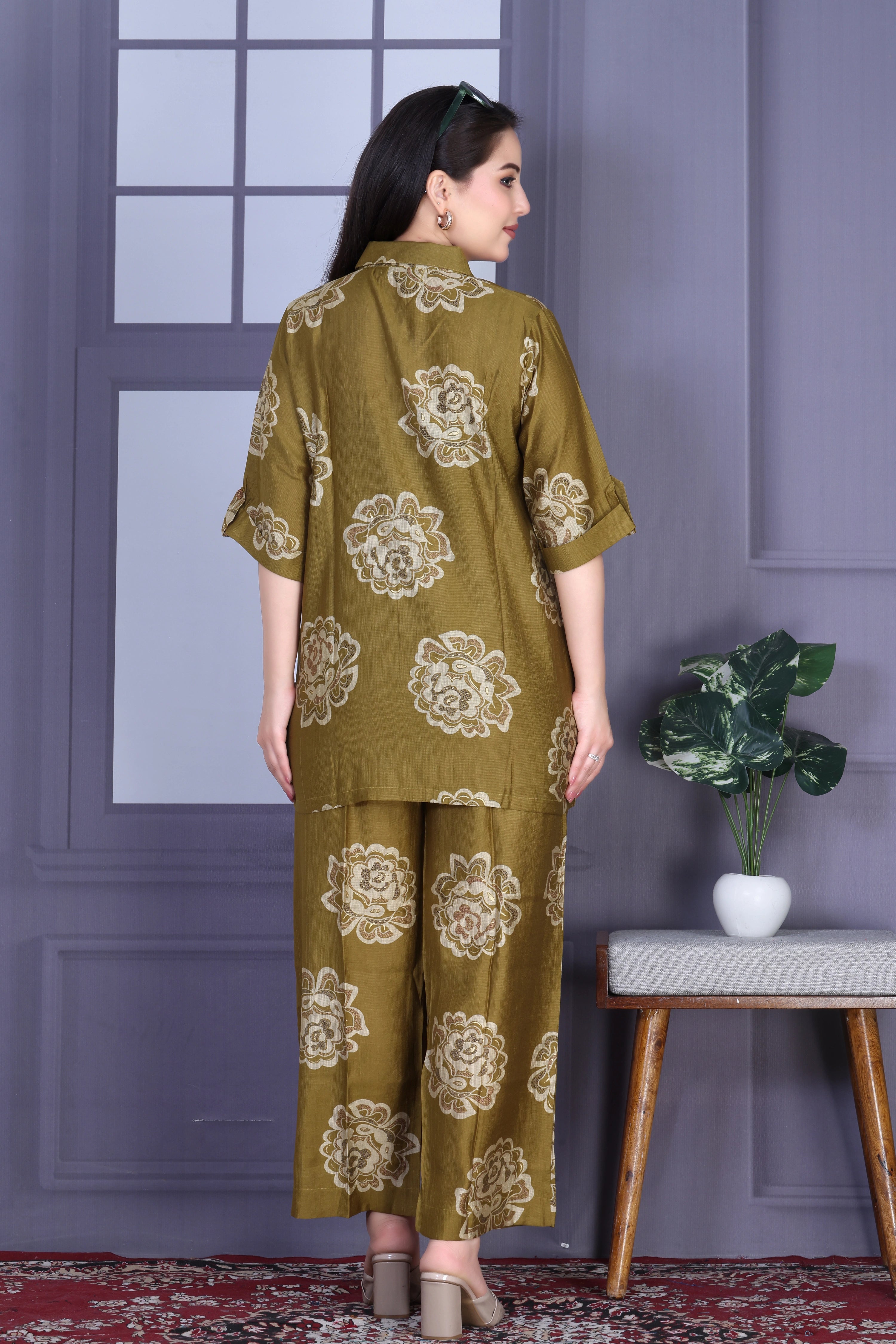 Olive Blossom Co-ord Set (Vertican Silk)