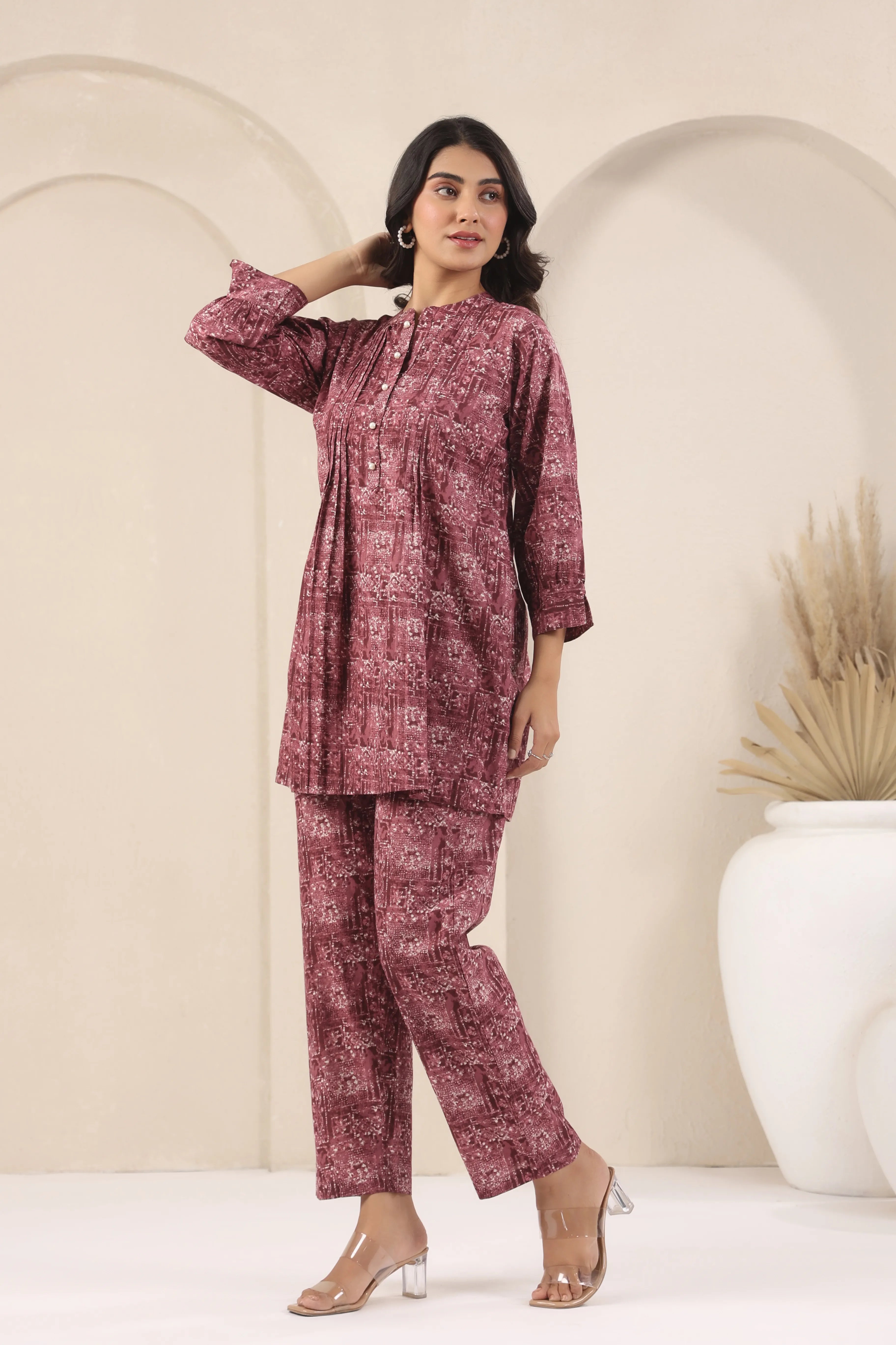 Wine Maroon Sanganeri Print Co-Ord Set - Visramaa