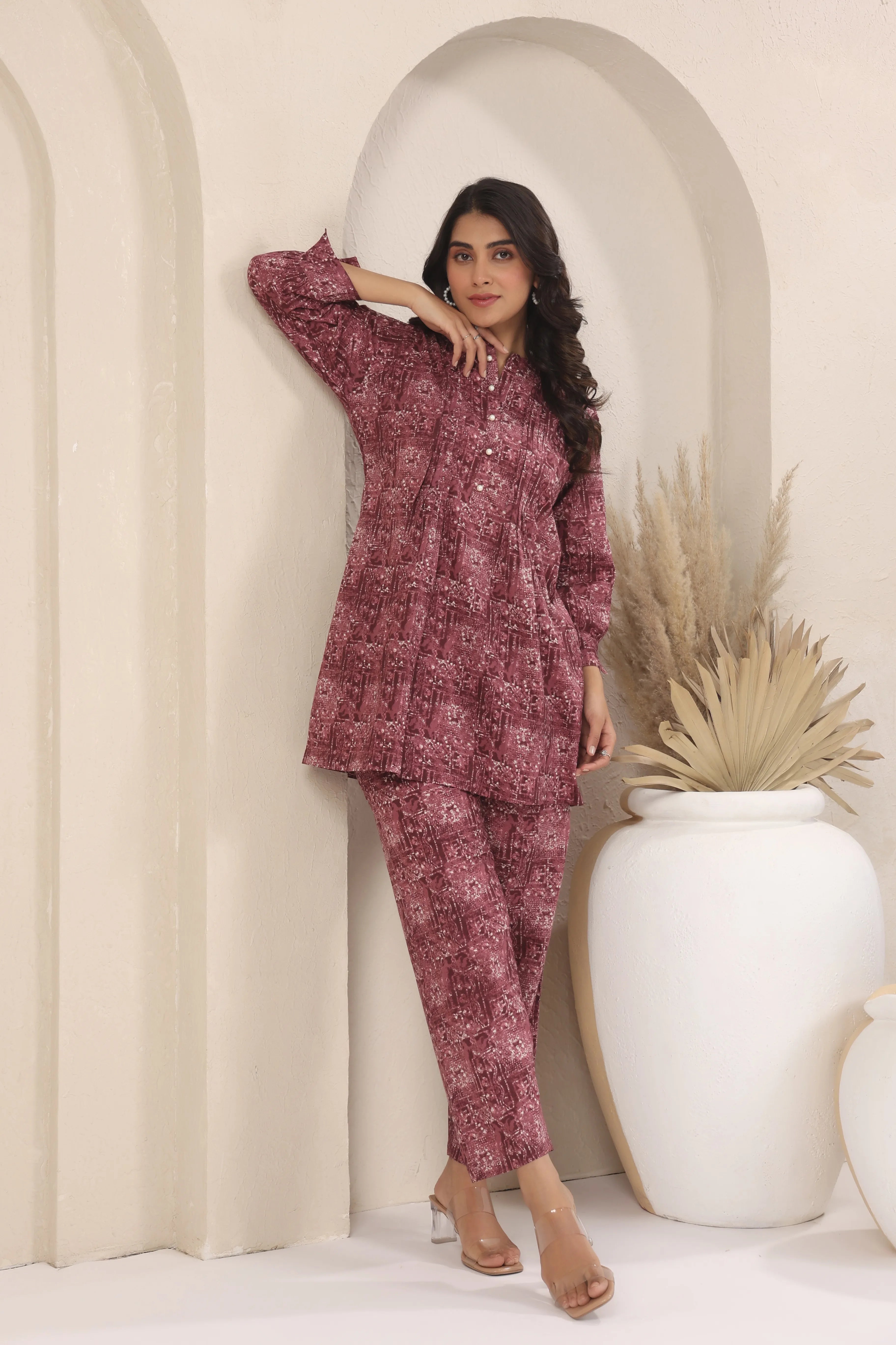 Wine Maroon Sanganeri Print Co-Ord Set - Visramaa