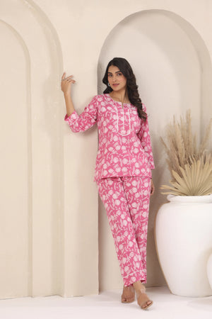 Pink & White Floral Print Night Suit - Visramaa