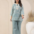 Teal Blue Block Print Co-Ord Set - Visramaa