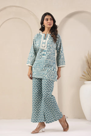 Teal Blue Block Print Co-Ord Set - Visramaa