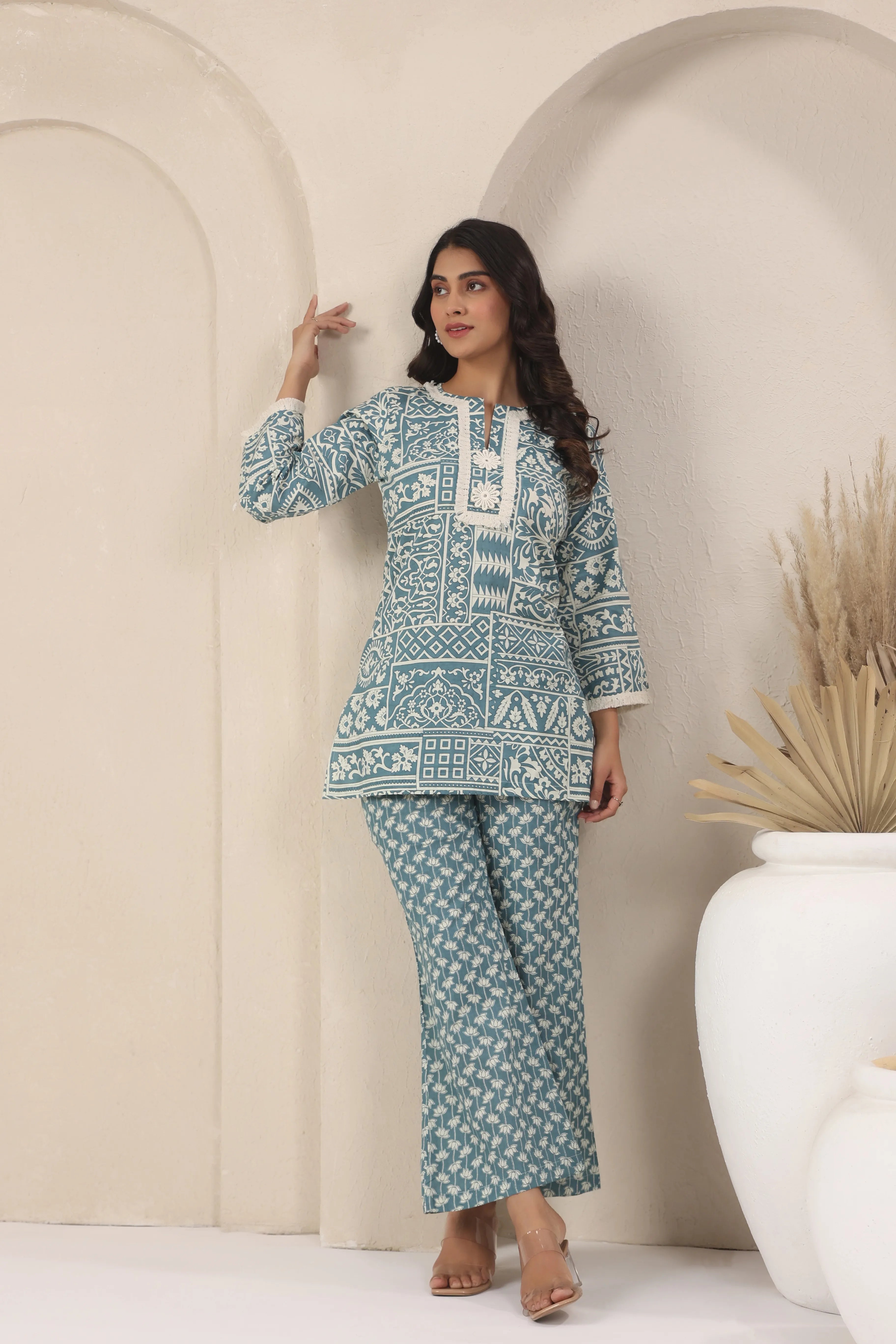 Teal Blue Block Print Co-Ord Set - Visramaa