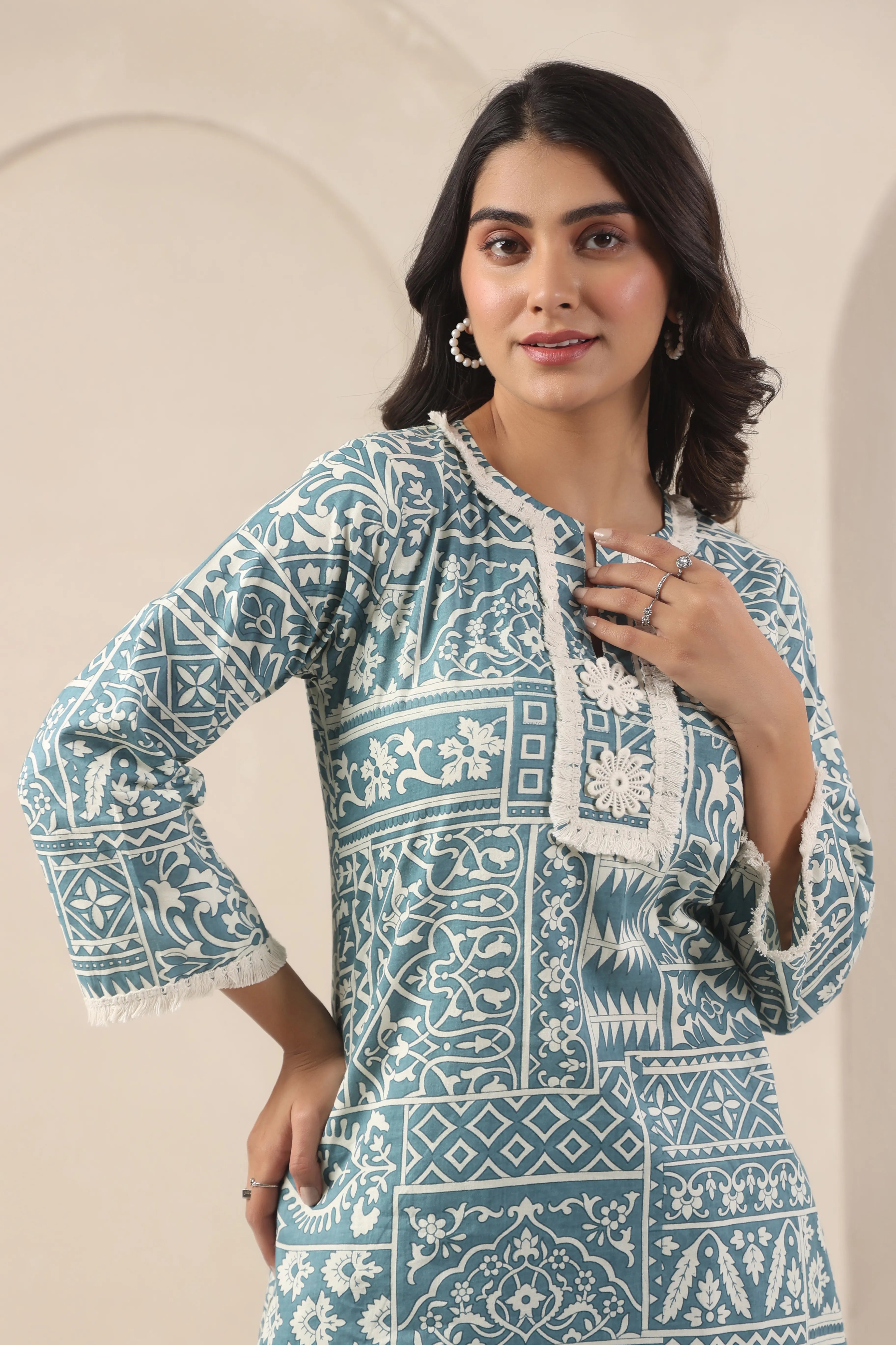 Teal Blue Block Print Co-Ord Set - Visramaa