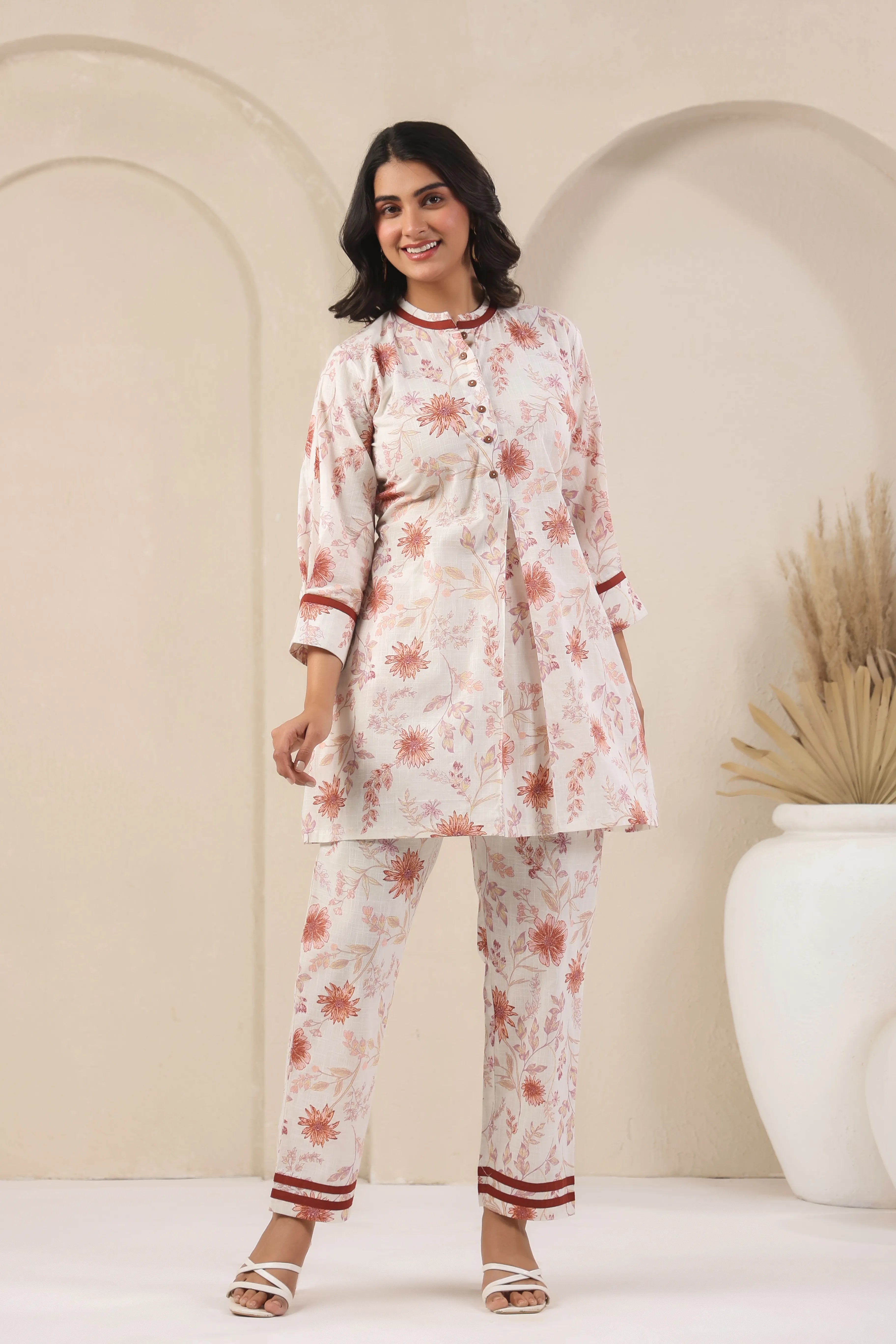 Off-White & Rust Printed Co-Ord Set - Visramaa