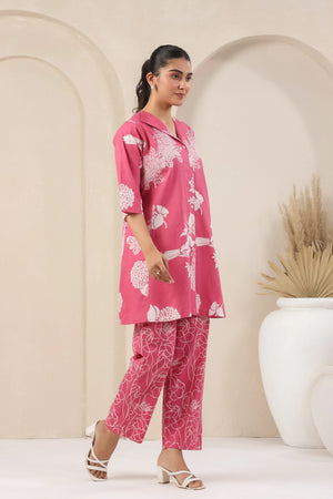 Rose Pink Printed Co-Ord Set With Collar - Visramaa