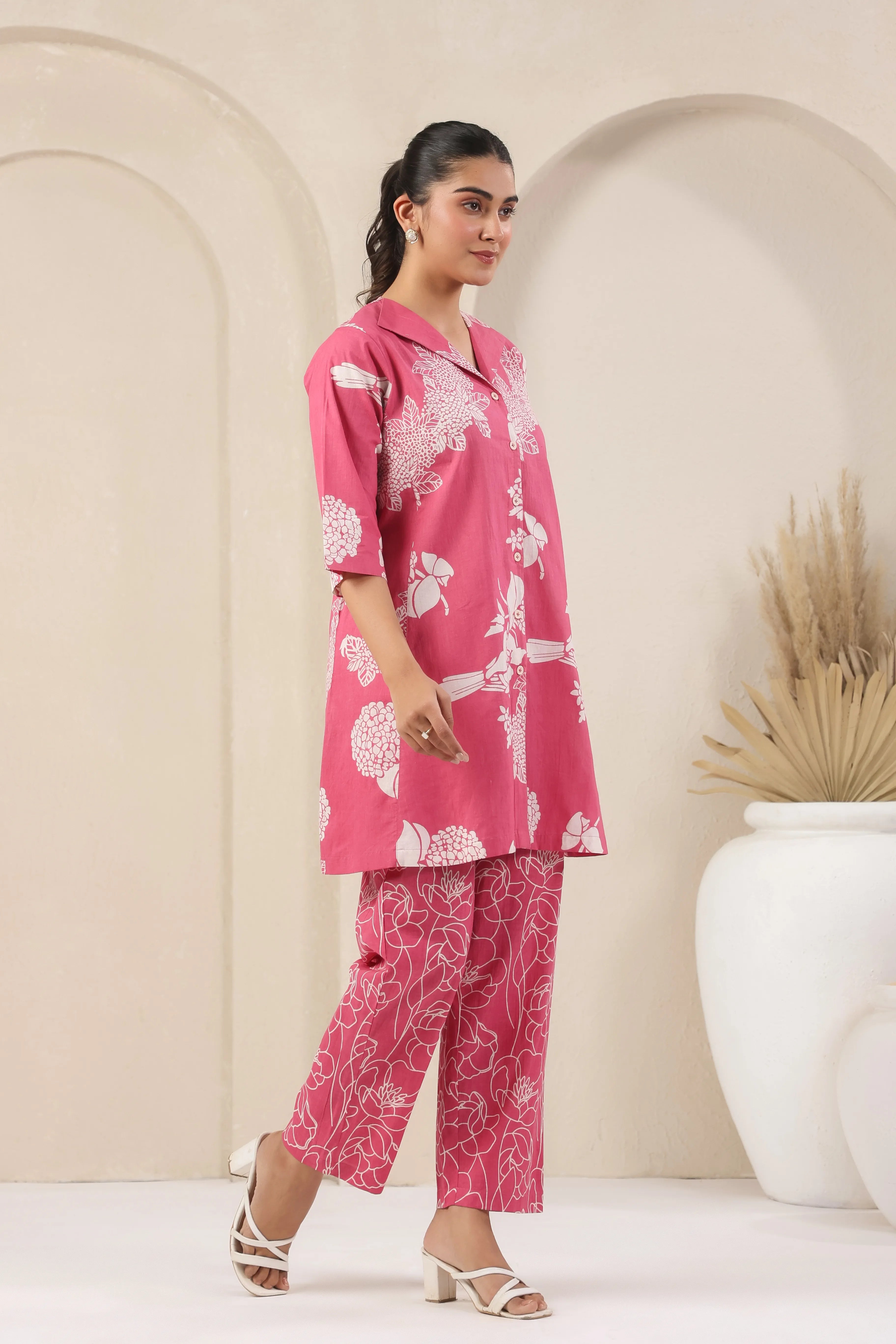 Rose Pink Printed Co-Ord Set With Collar - Visramaa