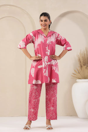 Rose Pink Printed Co-Ord Set With Collar - Visramaa