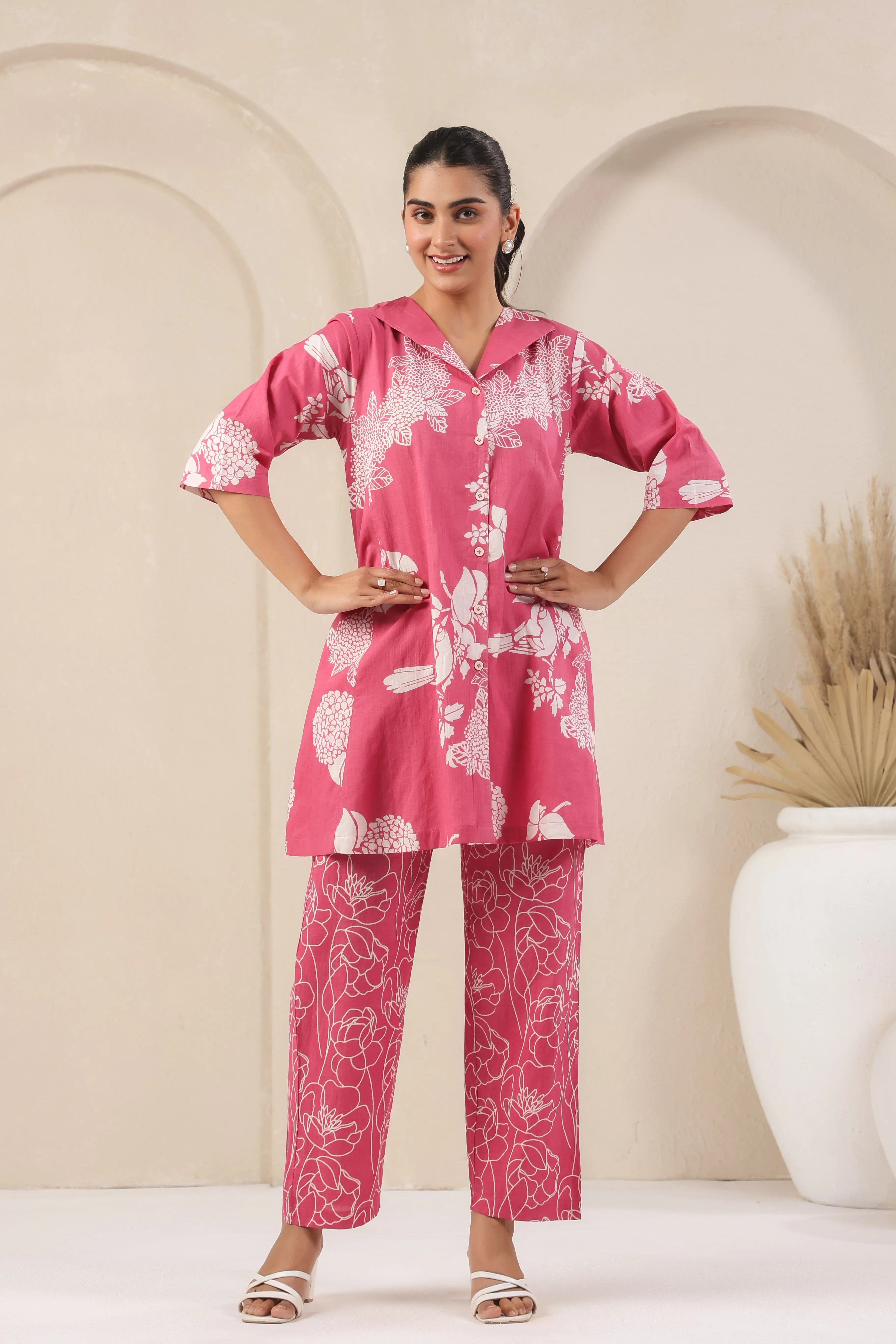 Rose Pink Printed Co-Ord Set With Collar - Visramaa