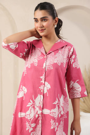 Rose Pink Printed Co-Ord Set With Collar - Visramaa