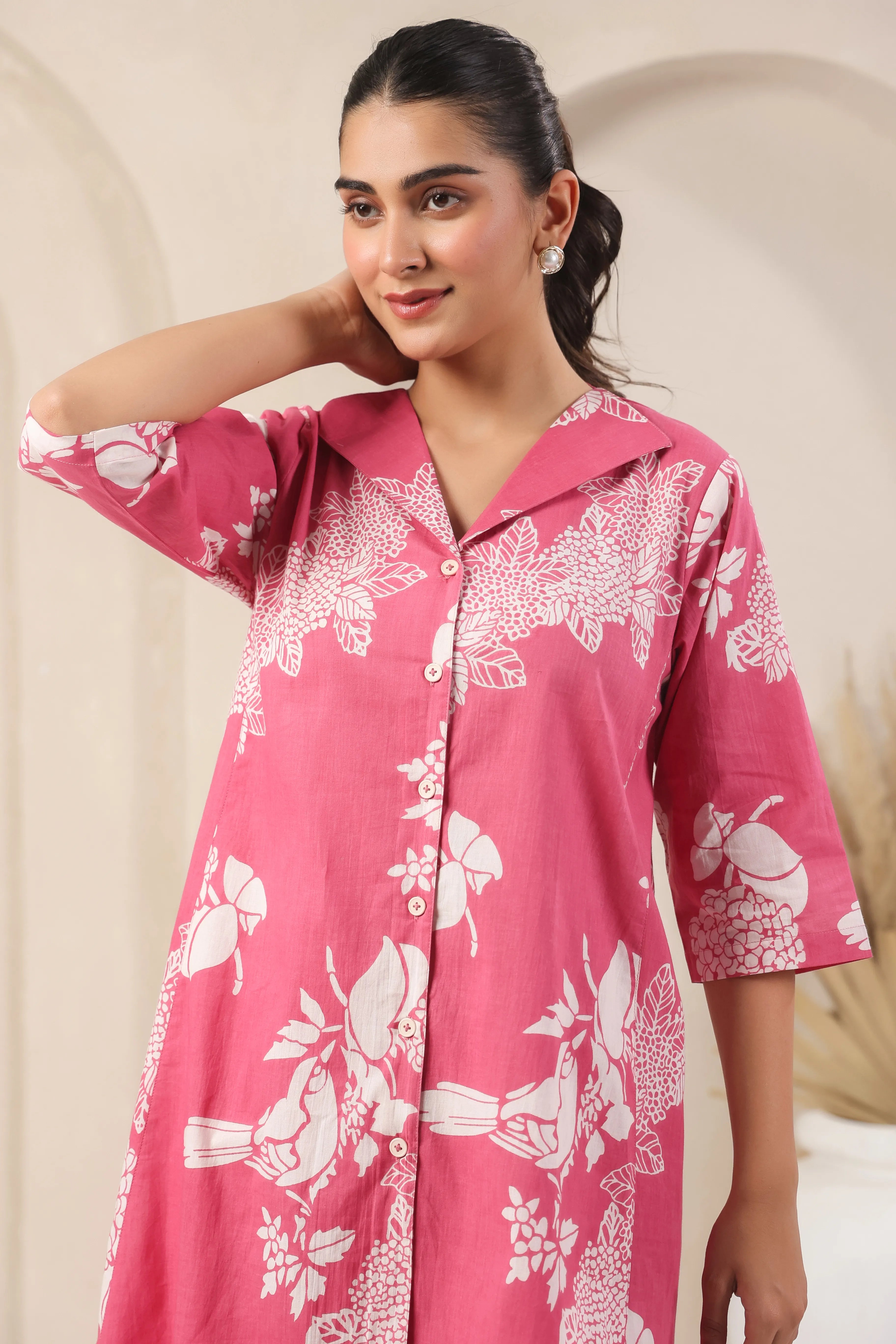 Rose Pink Printed Co-Ord Set With Collar - Visramaa