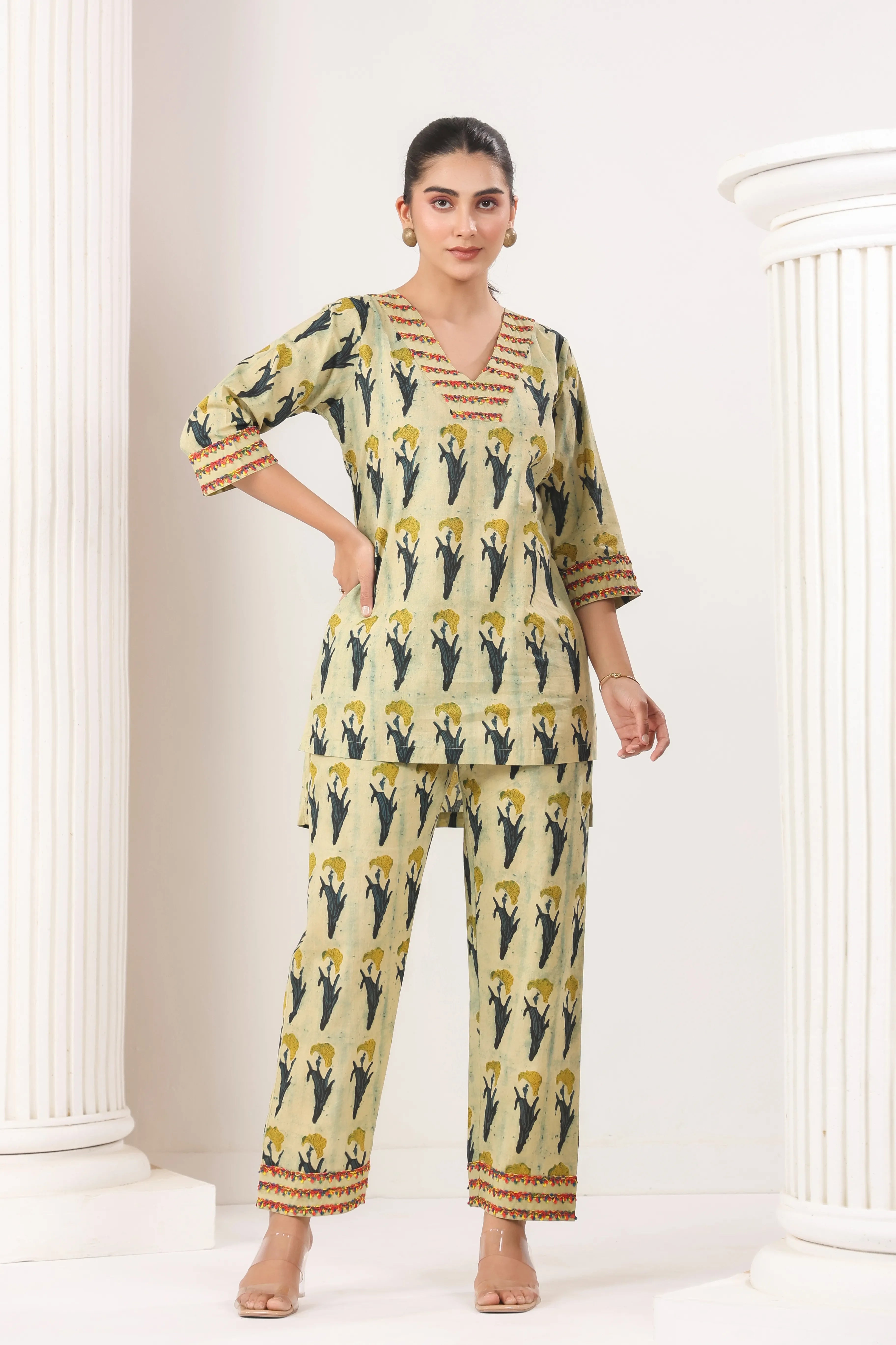 Greenish Beige Co-Ord Set With Lace Detailing - Visramaa