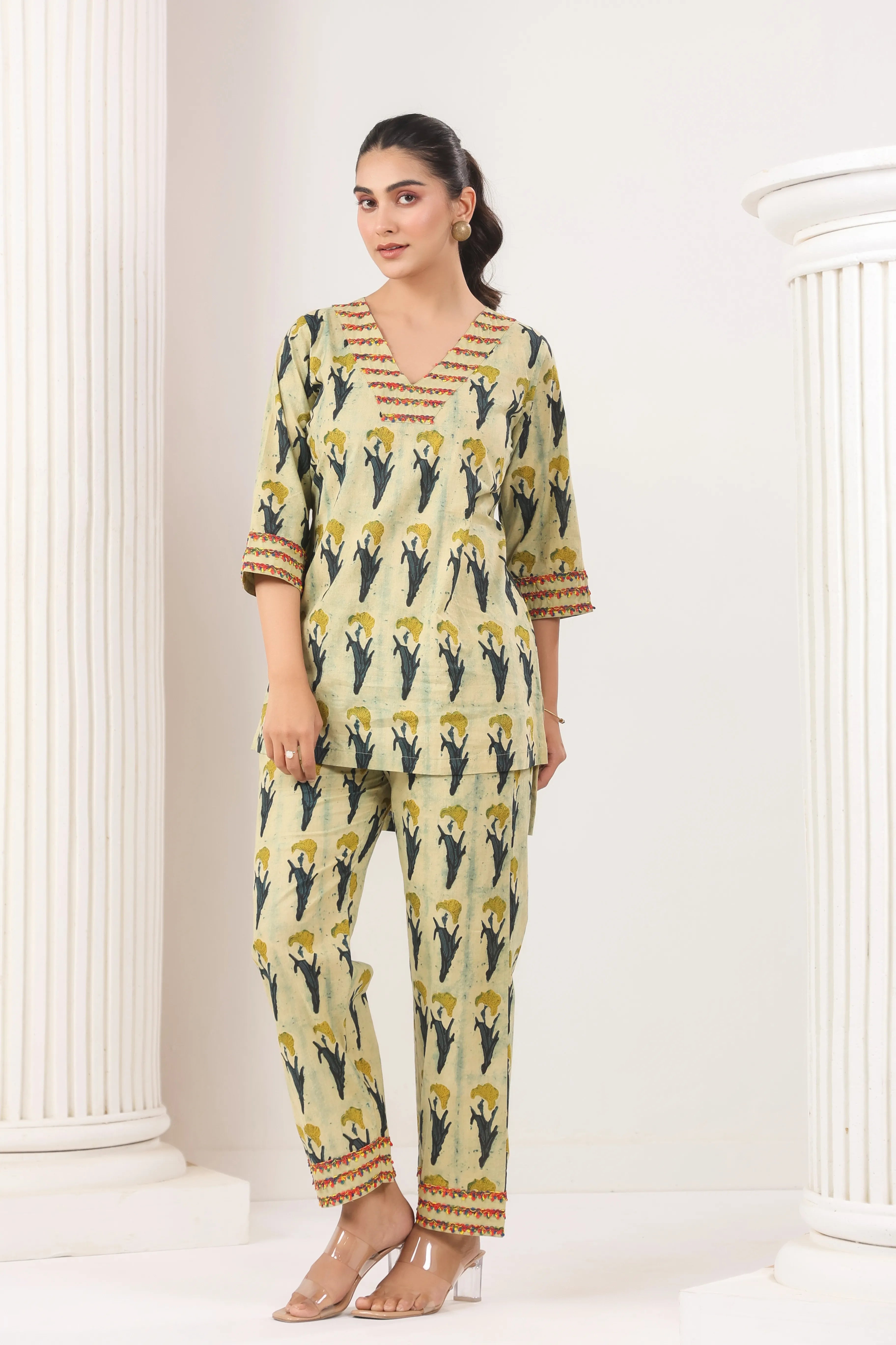 Greenish Beige Co-Ord Set With Lace Detailing - Visramaa