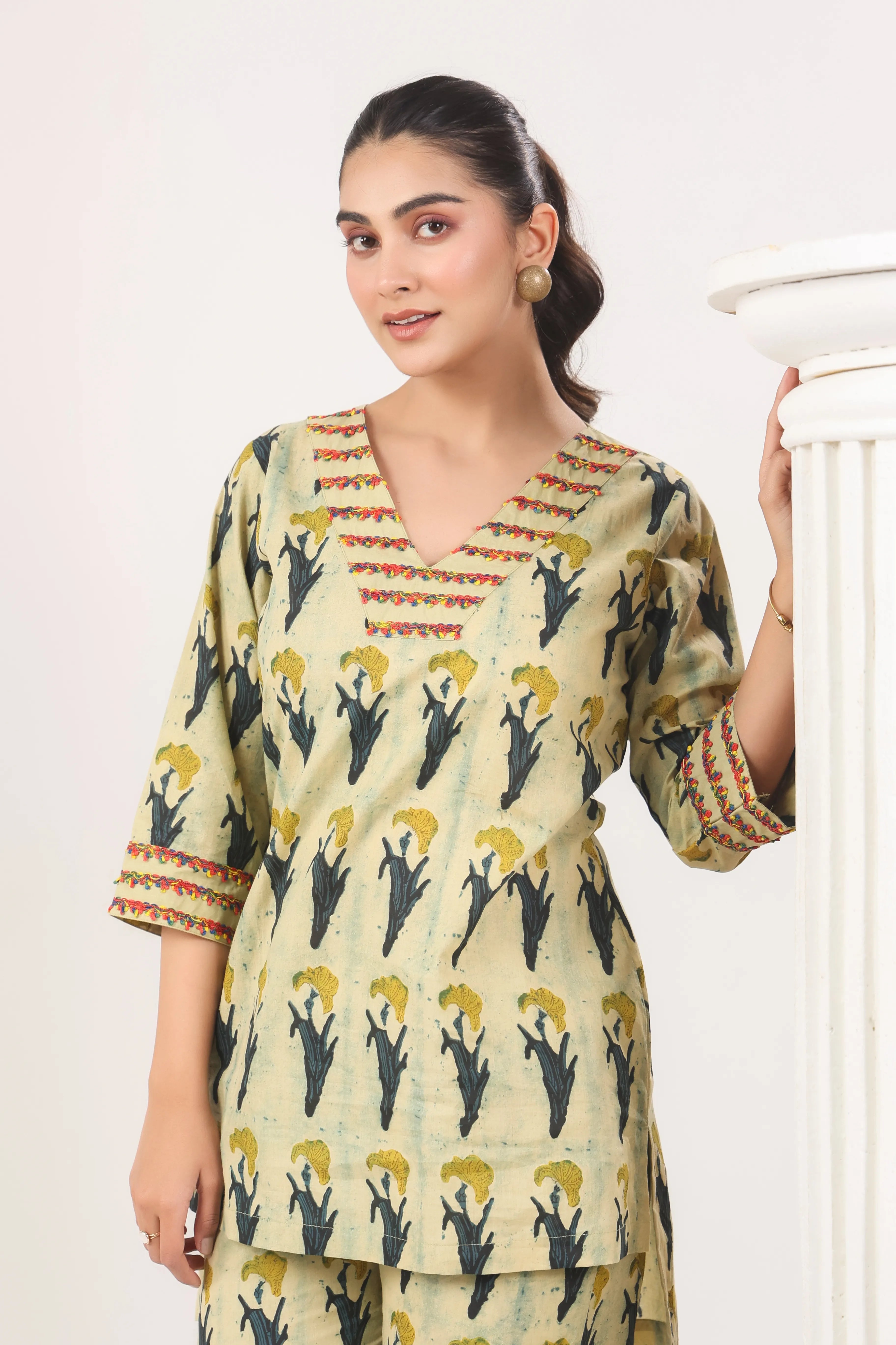 Greenish Beige Co-Ord Set With Lace Detailing - Visramaa