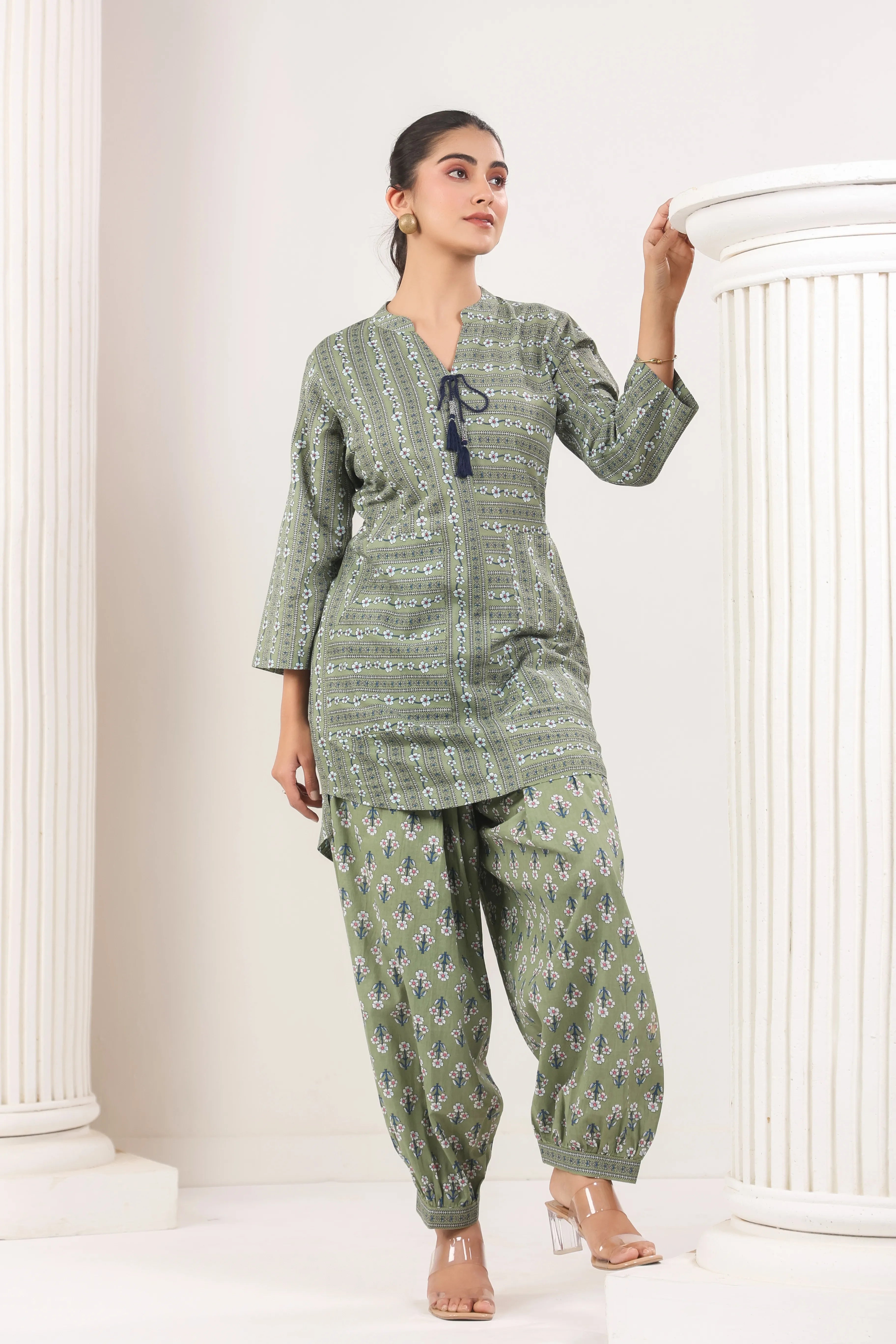 Sage Green Sanganeri Print Co-Ord Set - Visramaa
