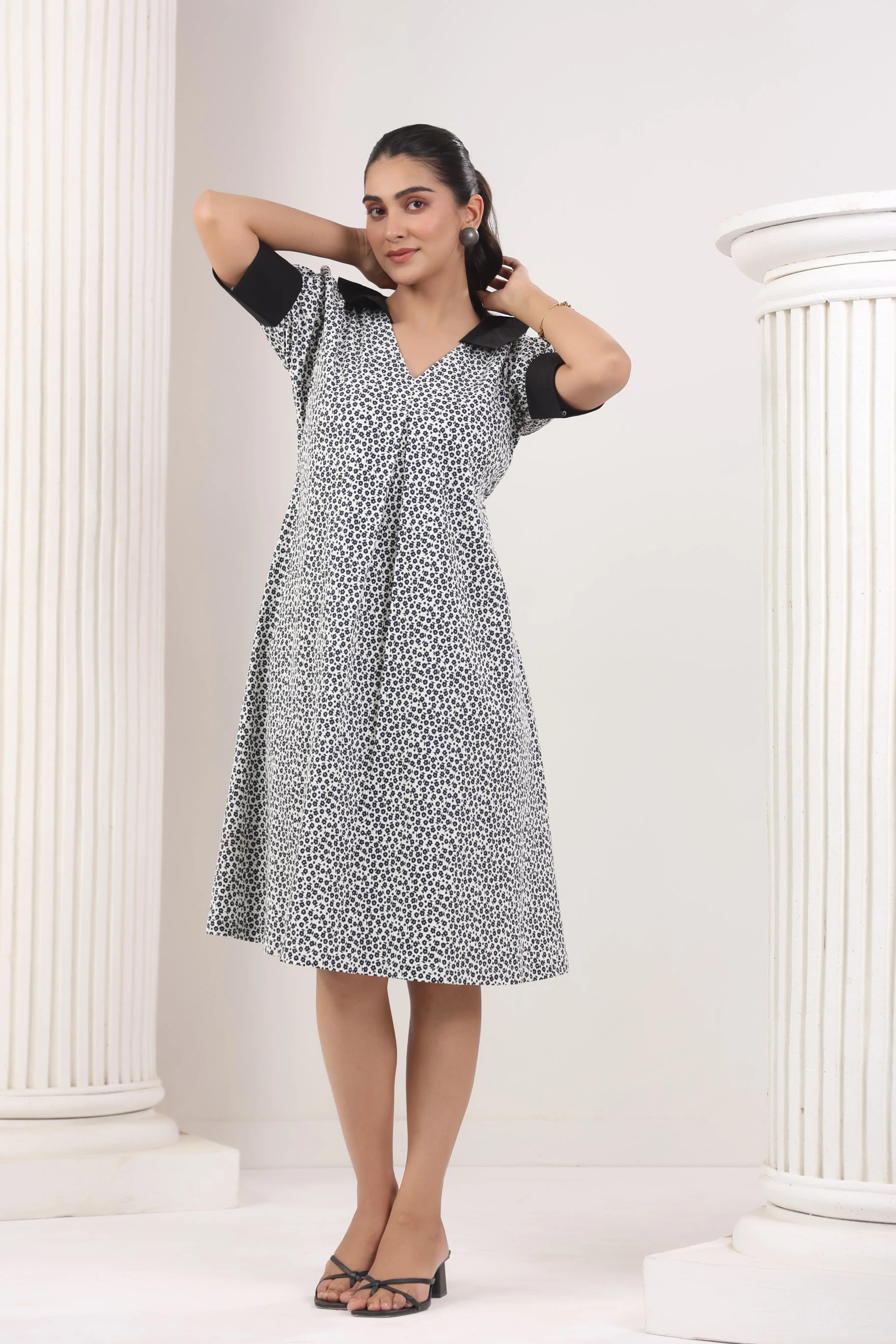 Black & White Floral Print Dress - Visramaa