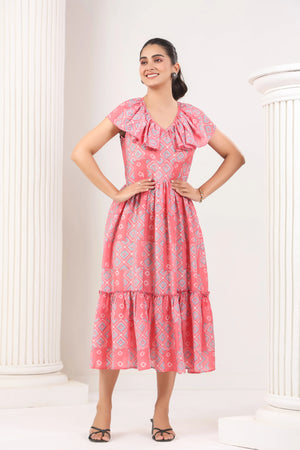Hot Pink & Grey Printed Dress - Visramaa