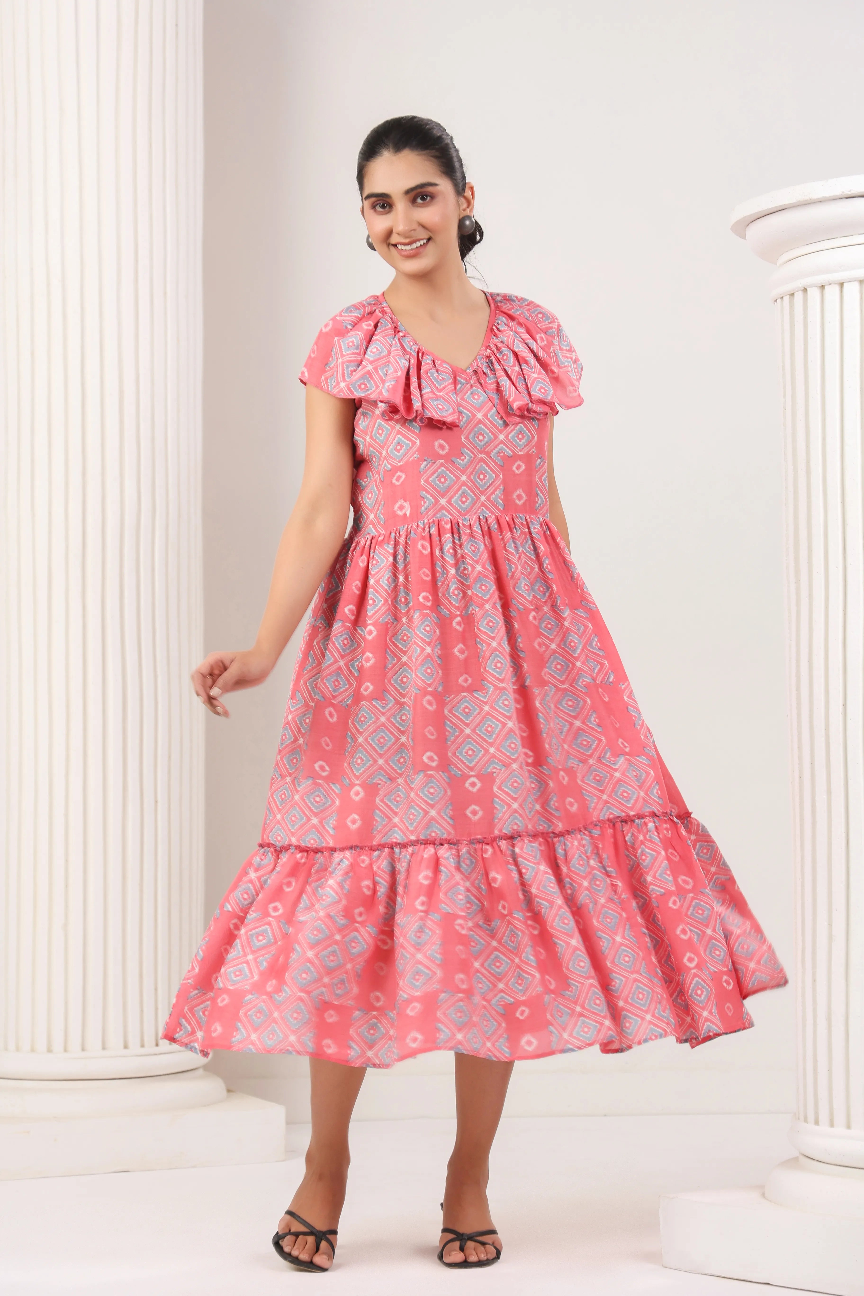 Hot Pink & Grey Printed Dress - Visramaa