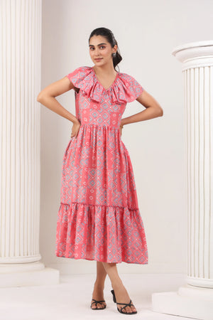 Hot Pink & Grey Printed Dress - Visramaa